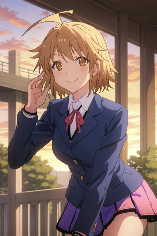best quality, masterpiece, highres, solo, {kamiigusa_misaki_sakurasounopetnakanojo:1.15}, short_hair, brown_hair, brown_eyes, ahoge, smile, 1girl, blazer, chain-link_fence, fence, jacket, school_uniform, sunset, blonde_hair, shirt, collared_shirt, ribbon, white_shirt