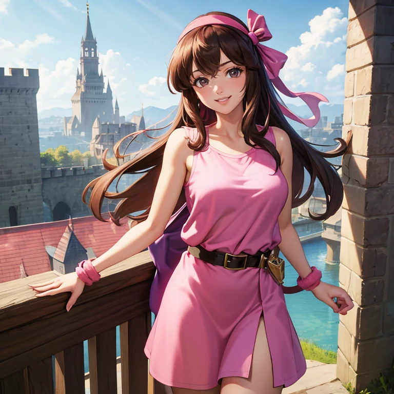 masterpiece, best quality, 1girl, smile, looking at viewer, <lora:DaisyFE:1>, daisyfe, pink tunic, hairband, belt, standing, castle,