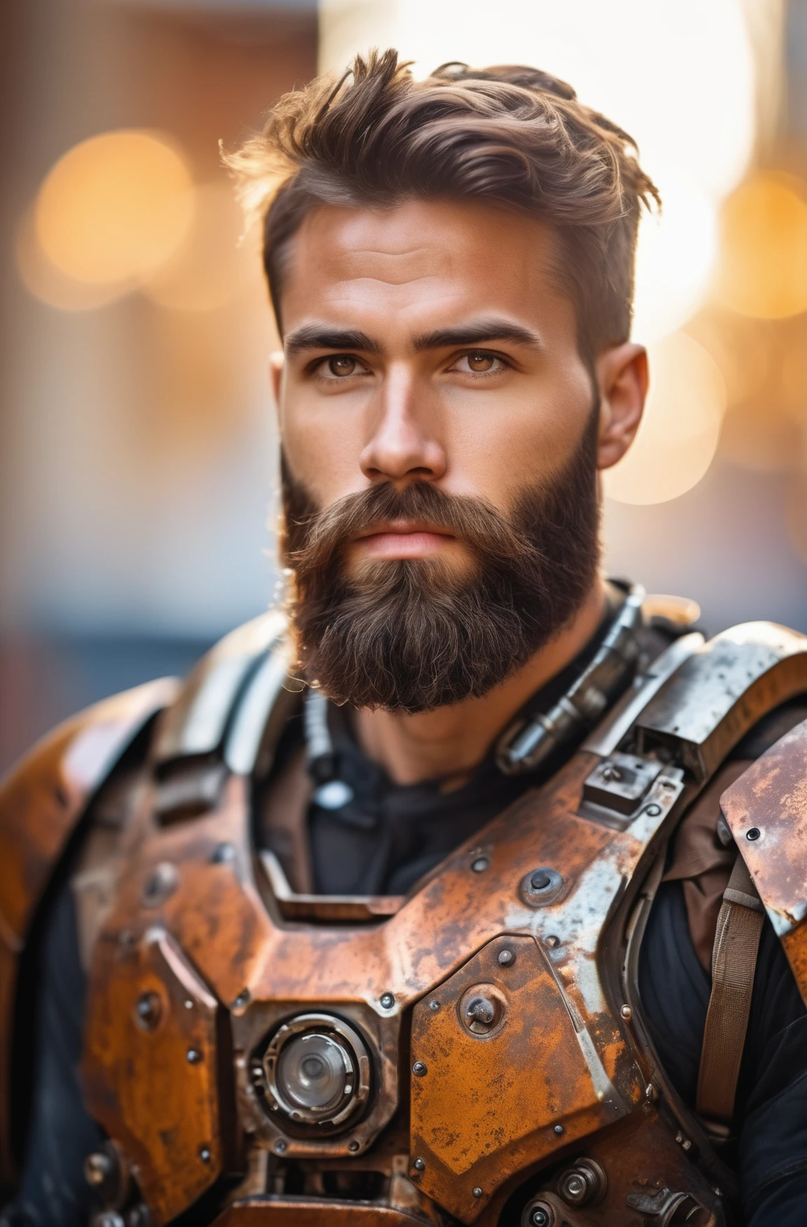 Portrait photo of muscular bearded guy in a worn mech suit, ((light bokeh)), intricate, (steel metal [rust]), elegant, sharp focus, photo by greg rutkowski, soft lighting, vibrant colors, (masterpiece), ((streets)), (detailed face:1.2),