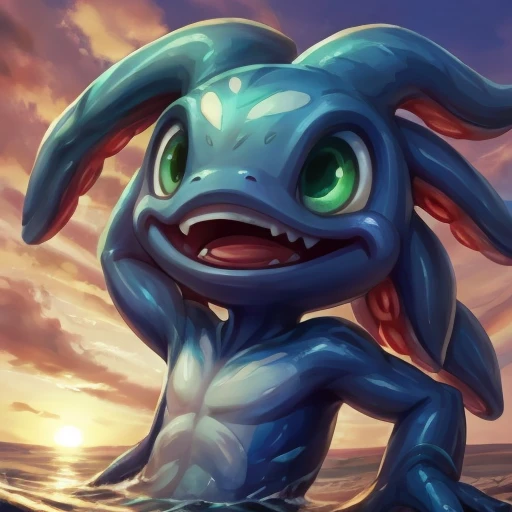 (((masterpiece, best quality))), Digital painting, close-up of fizz_lol, amphibian creature, upper body, smile, open mouth, face, sunset, swimming at beach, (tentacle hair:1), <lora:m99_bellybuttonremover_1:0.5> <lora:Fizzv3:0.7>