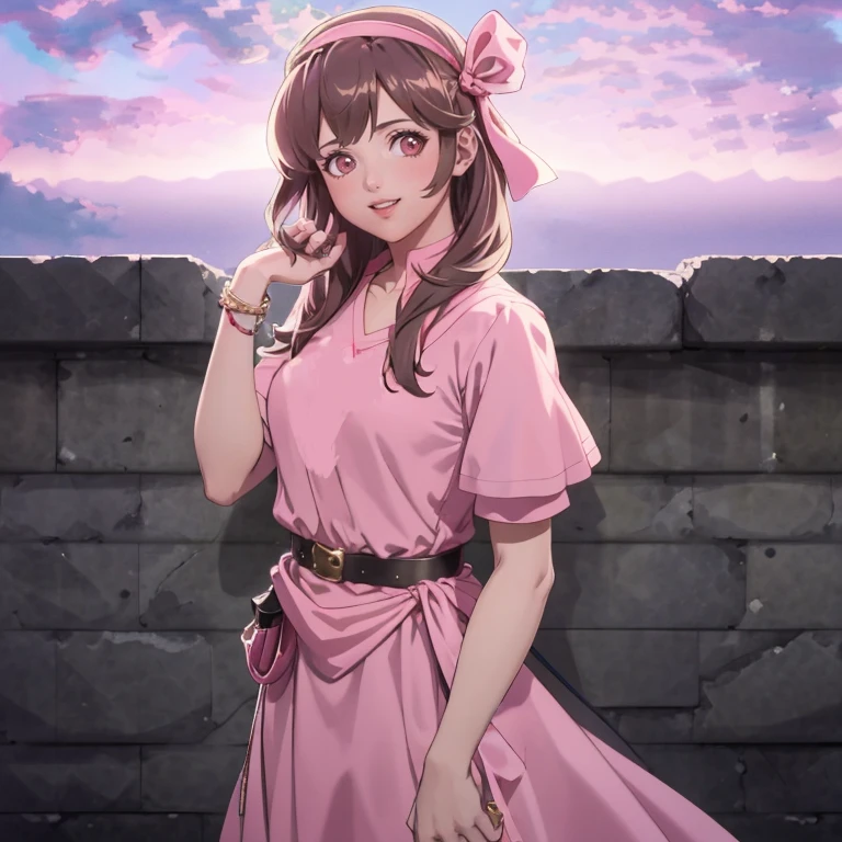 masterpiece, best quality, 1girl, smile, looking at viewer, <lora:DaisyFE:1>, daisyfe, pink tunic, hairband, belt, <lora:FE3H S Rank:1>, standing, sky, cloud, sunset, upper body,