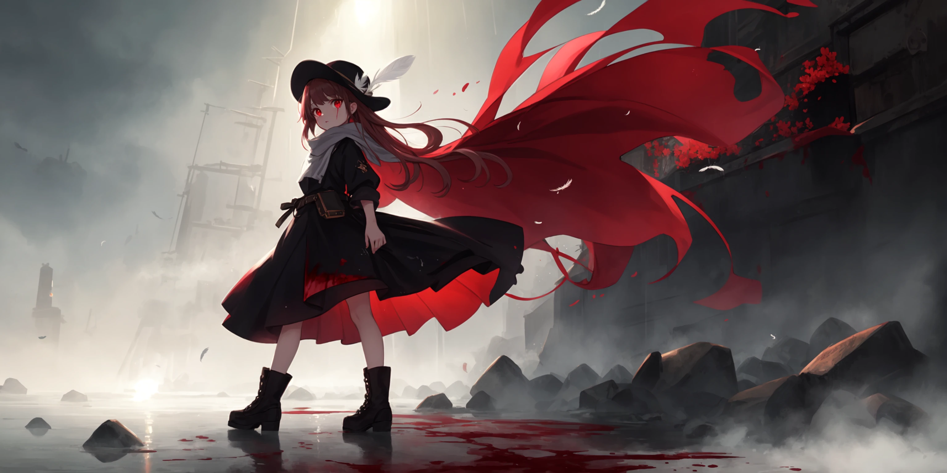 ((best quality)),(((masterpiece))),(highres),original,extremely detailed 8K wallpaper,[an extremely delicate and beautiful girl who with dark red long hair,dress,scarf,feather and cowboy hat],(beautiful detailed red eyes:1.1),solo,full body,yandere,deranged,((eyeshine, glittering eyes)),Alice Prin,official art,concept art,rayonism,(partial skin exposure:1.2),(oily skin:1.3),(reflective skin:1.1),Blood Mist,blood sakura,Blood Rain,beautiful deatailed shadow,Splashing blood,dust,many feathers,light shafts,good lighting,steampunk,