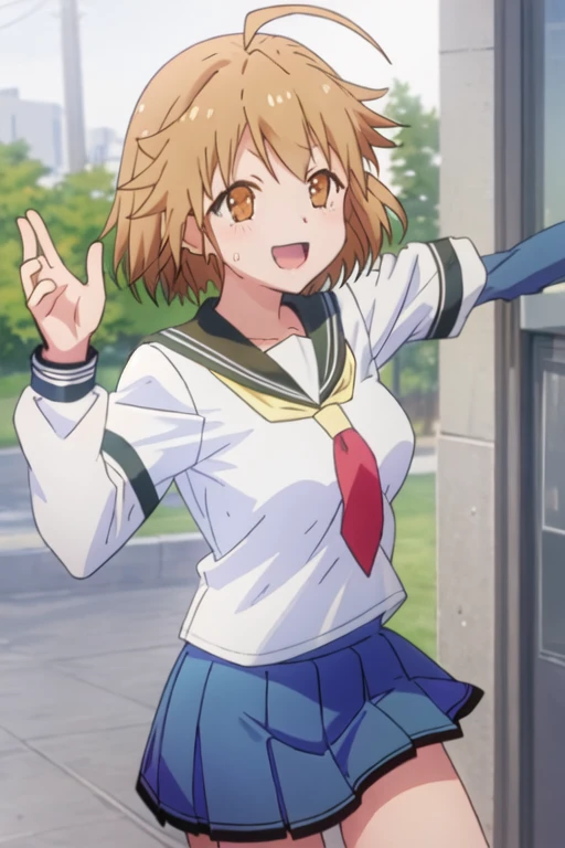 best quality, masterpiece, highres, solo, {kamiigusa_misaki_sakurasounopetnakanojo:1.15}, short_hair, brown_hair, brown_eyes, ahoge, smile, 1girl, :d, open_mouth, school_uniform, serafuku, skirt, pleated_skirt, sweatdrop