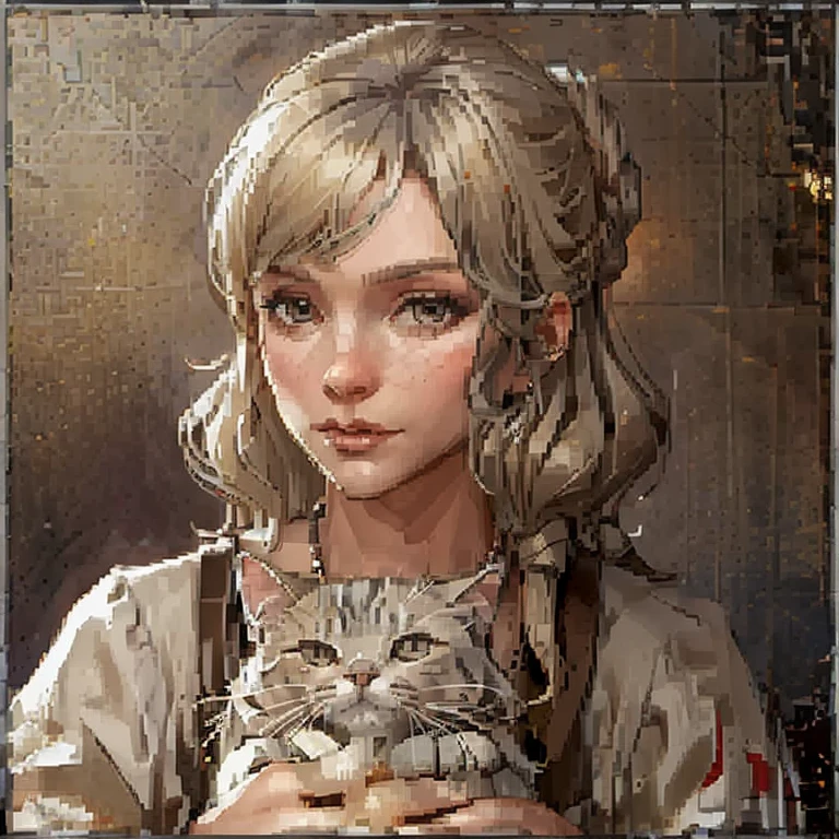 <lora:Dark and Darker Portraits V1:0.85> dark_and_darker_game_portrait_style, vendor, fantasy portrait, small_border, frame, detailed_painting, low_resolution, simple background, female, crazy cat lady, disheveled, messed up hair, greying blonde hair, holding a cat, cat in background, masterpiece, highest quality, highest quality visuals, highest details