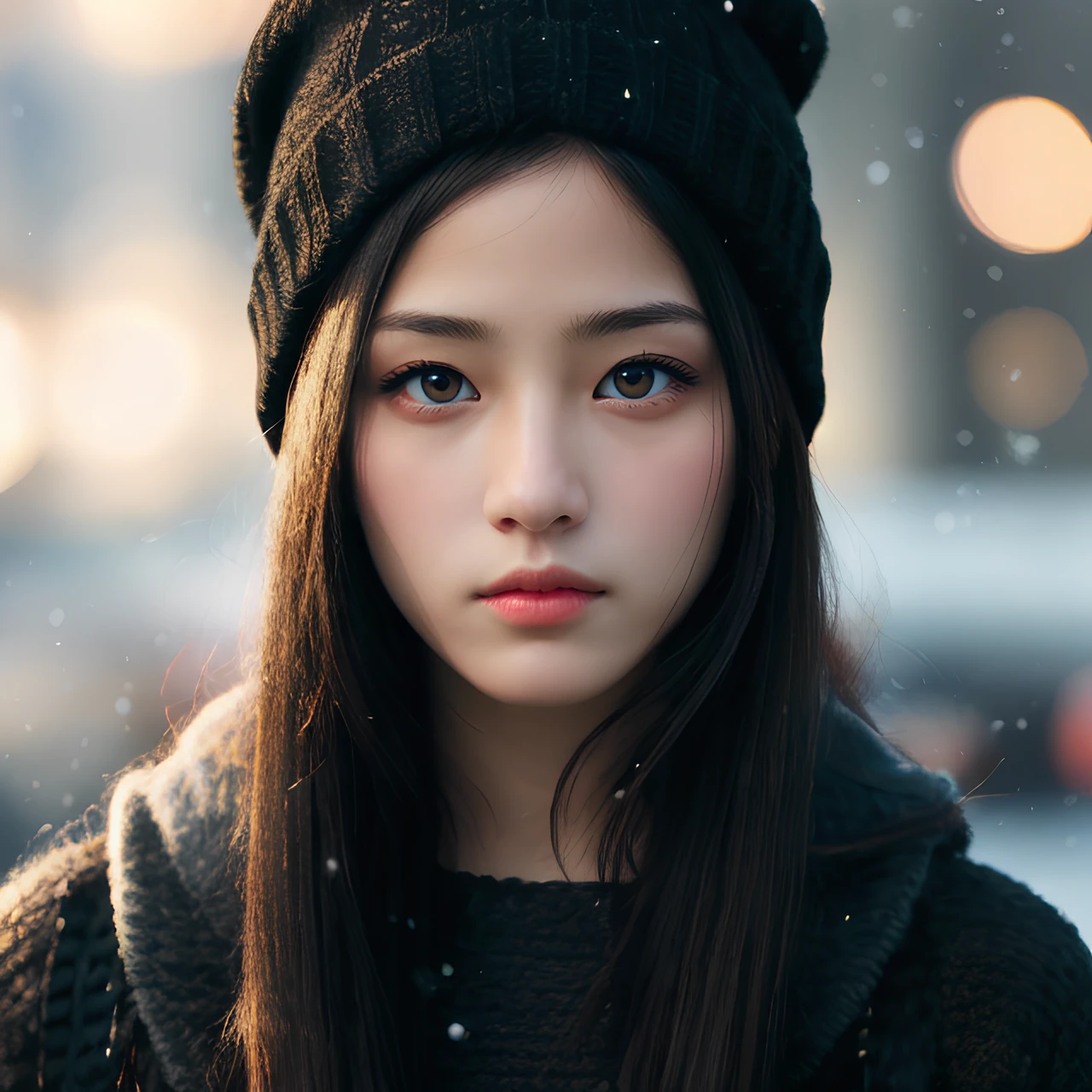hyper realistic lifelike texture dramatic lighting unreal engine trending on art station, award winning photo, nikon RAW photo,8 k, Fujifilm XT3,masterpiece, best quality, realistic, photorealistic, ultra detailed, extremely detailed face, solo,1girl, standing, fashionable and trendy atmosphere, high-end makeup products, and a stylish expression on her face, snowing, wearing beanie,