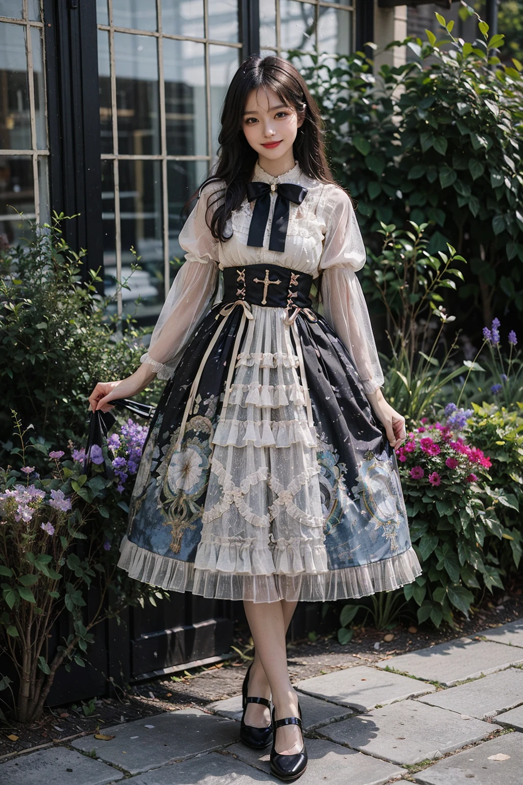 best quality, quality, masterpiece, photorealistic, 1girl, solo, looking at viewer, smile, full body, lo dress, bow, long sleeves, high heels, detailed background, in garden, flower, <lora:lo_dress_vol2_style6_v1:0.65>
