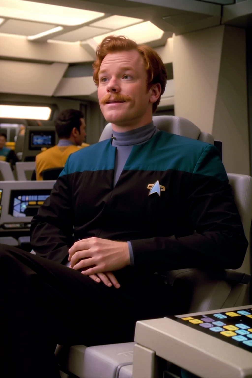 full body,young fat ginger haired man with a moustache and ponytail in teal voyunf uniform , sitting on a chair,on starship,smiling<lora:Voyunfv1:0.8>