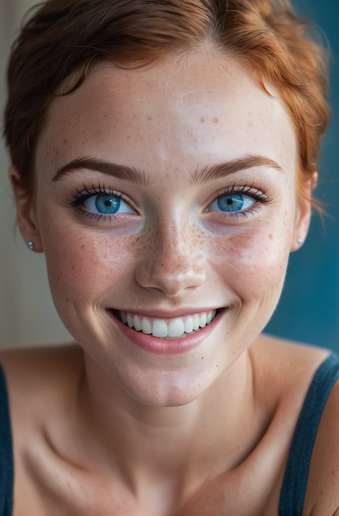 beautiful lady, (freckles), big smile, blue eyes, short hair, dark makeup, hyperdetailed photography, soft light, head and shoulders portrait, cover