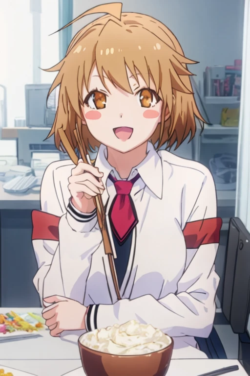 best quality, masterpiece, highres, solo, {kamiigusa_misaki_sakurasounopetnakanojo:1.15}, short_hair, brown_hair, brown_eyes, ahoge, smile, 1girl, blush_stickers, open_mouth, parody, :d, anime_coloring, looking_at_viewer