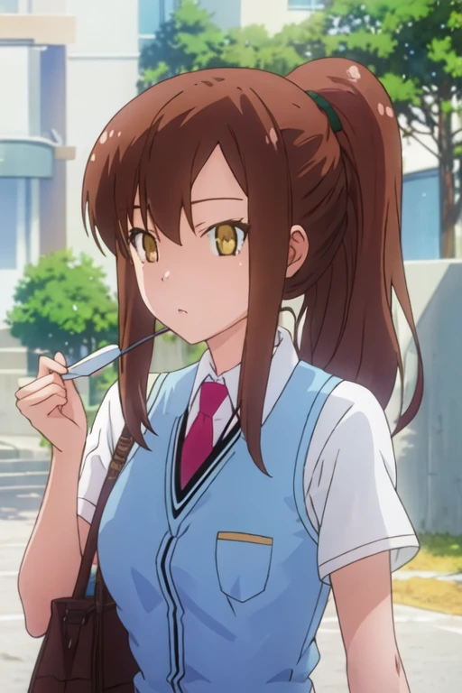best quality, masterpiece, highres, solo, {aoyama_nanami_sakurasounopetnakanojo:1.15}, brown_hair, long_hair, brown_eyes, ponytail, yellow_eyes, 1girl, anime_coloring, hair_between_eyes, shirt, looking_at_viewer
