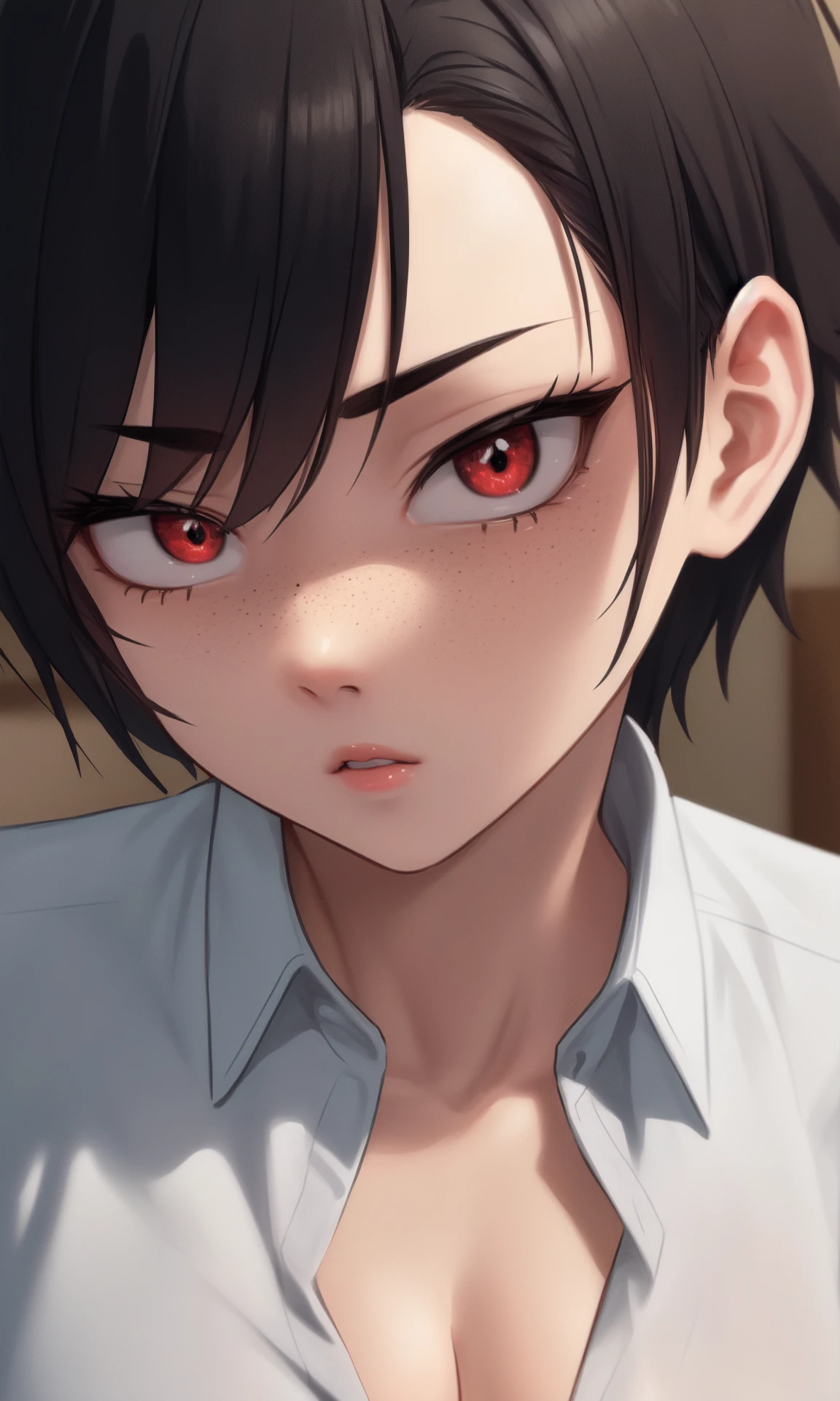 (masterpiece, best quality:1.2), extremely detailed, volumetric lighting, ambient soft lighting, 4K,
(1boy, tomboy:1.2), solo, upper body, face focus, (close-up face:1.2), close-up,
(black hair:1.1), very short hair, (sidecut:1.2),
red eyes, tsurime, (slit pupils:1.2), long eyelashes, thick eyelashes, looking at viewer,
puffy lips, parted lips, (freckles:1.2),
black shirt, unbuttoned, cleavage, collared shirt, short sleeves,
medium breasts,
<lora:Tomboy-3000-12repeats:1> <lora:Tsurime:1.2>
