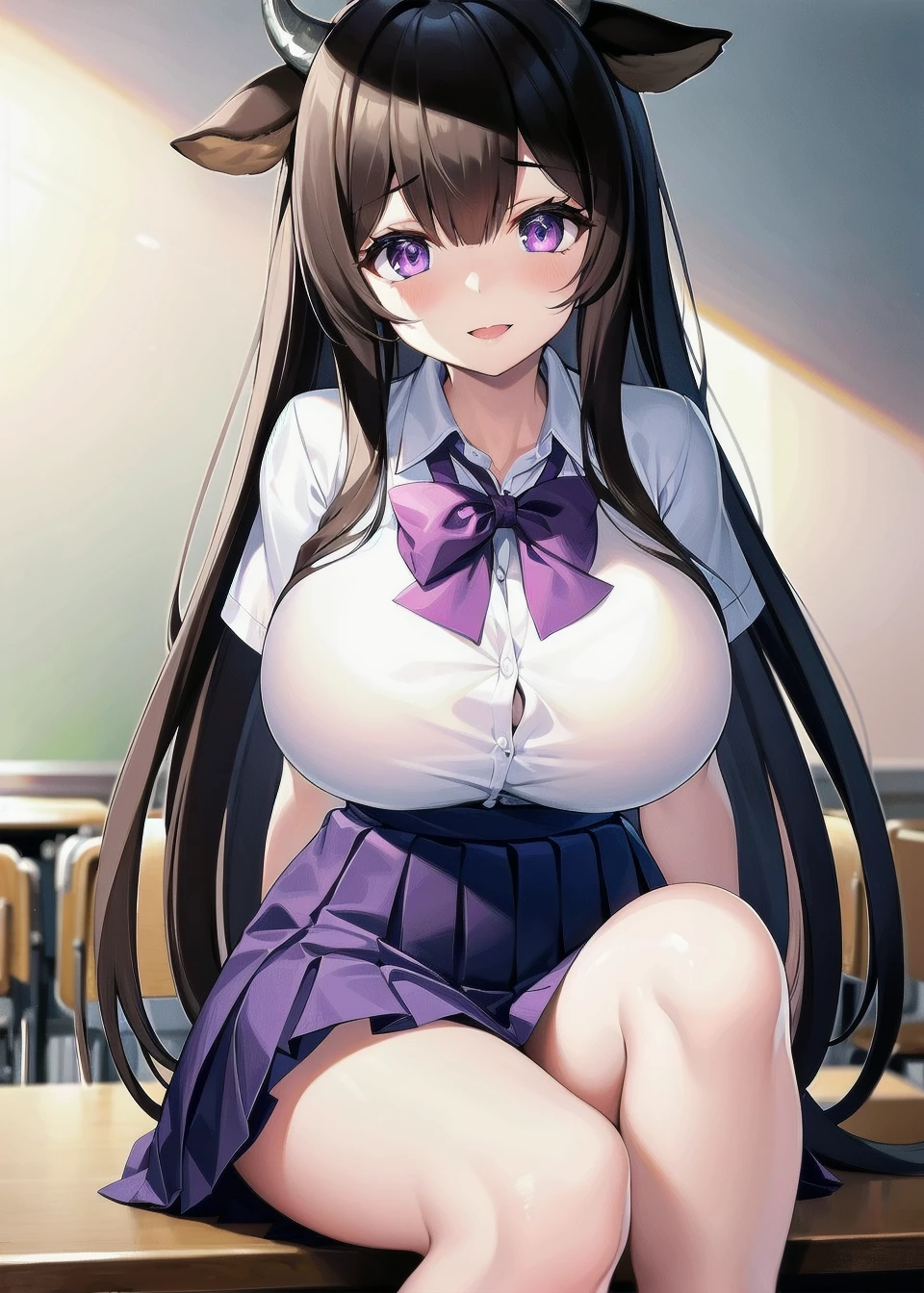 <lora:kashino_hot springs relaxation_v0.3:0.7>,kashino_\(azur_lane\),purple eyes,long hair, cow_ears, cow_horns, brown_hair, gigantic breasts,school uniform,pleated skirt, classroom, sitting,, masterpiece, best quality, extremely detailed face, sharp details, high contrast,