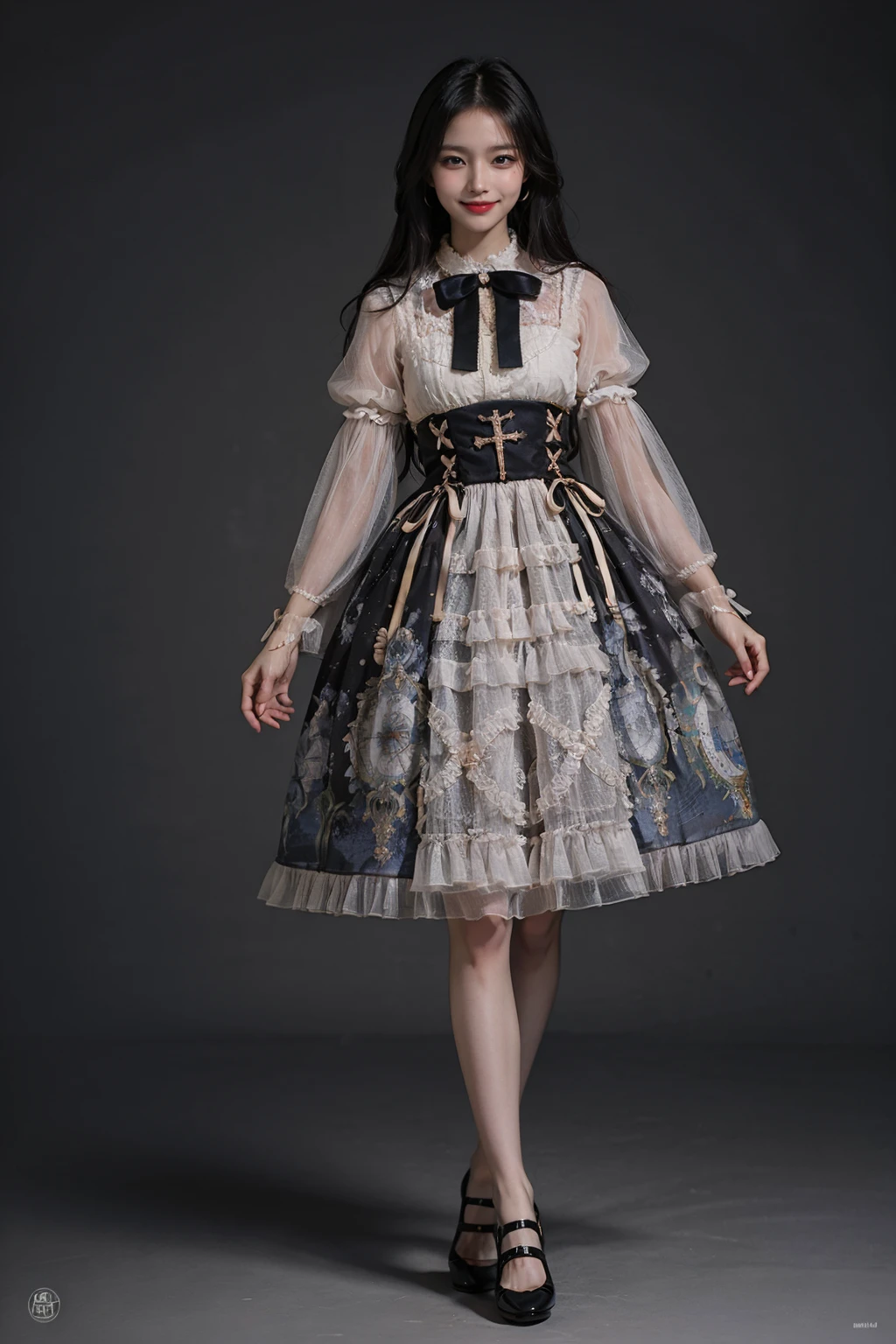 best quality, quality, masterpiece, photorealistic, 1girl, solo, looking at viewer, smile, full body, lo dress, bow, long sleeves, high heels, simple background, <lora:lo_dress_vol2_style6_v1:0.65>