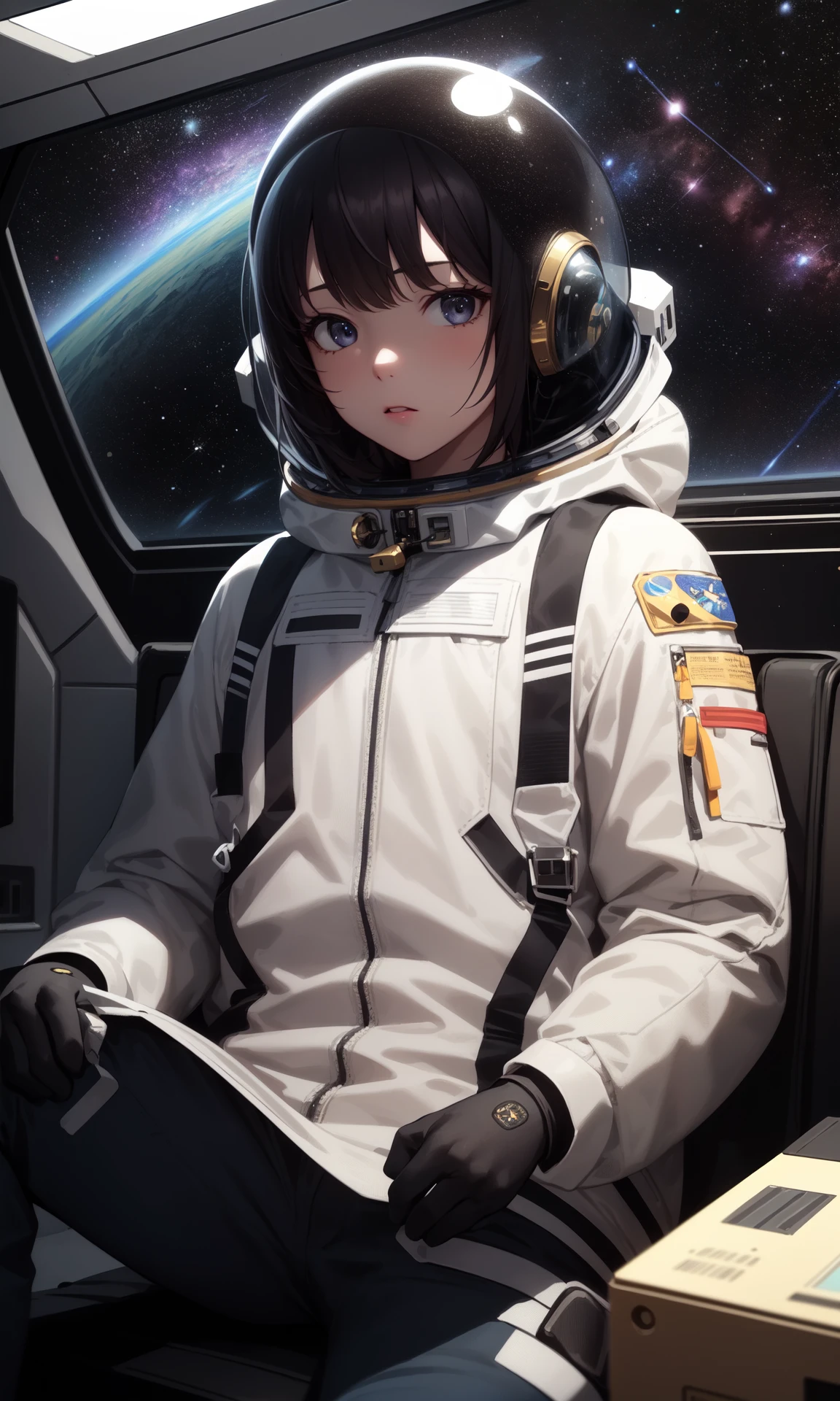 (masterpiece, best quality:1.2), extremely detailed, detailed hair, soft skin,
1girl, solo,
(space:1.2), stars, galaxy, space suit, nasa space suit, space helmet, space station, indoors, illuminator, sitting, pants,