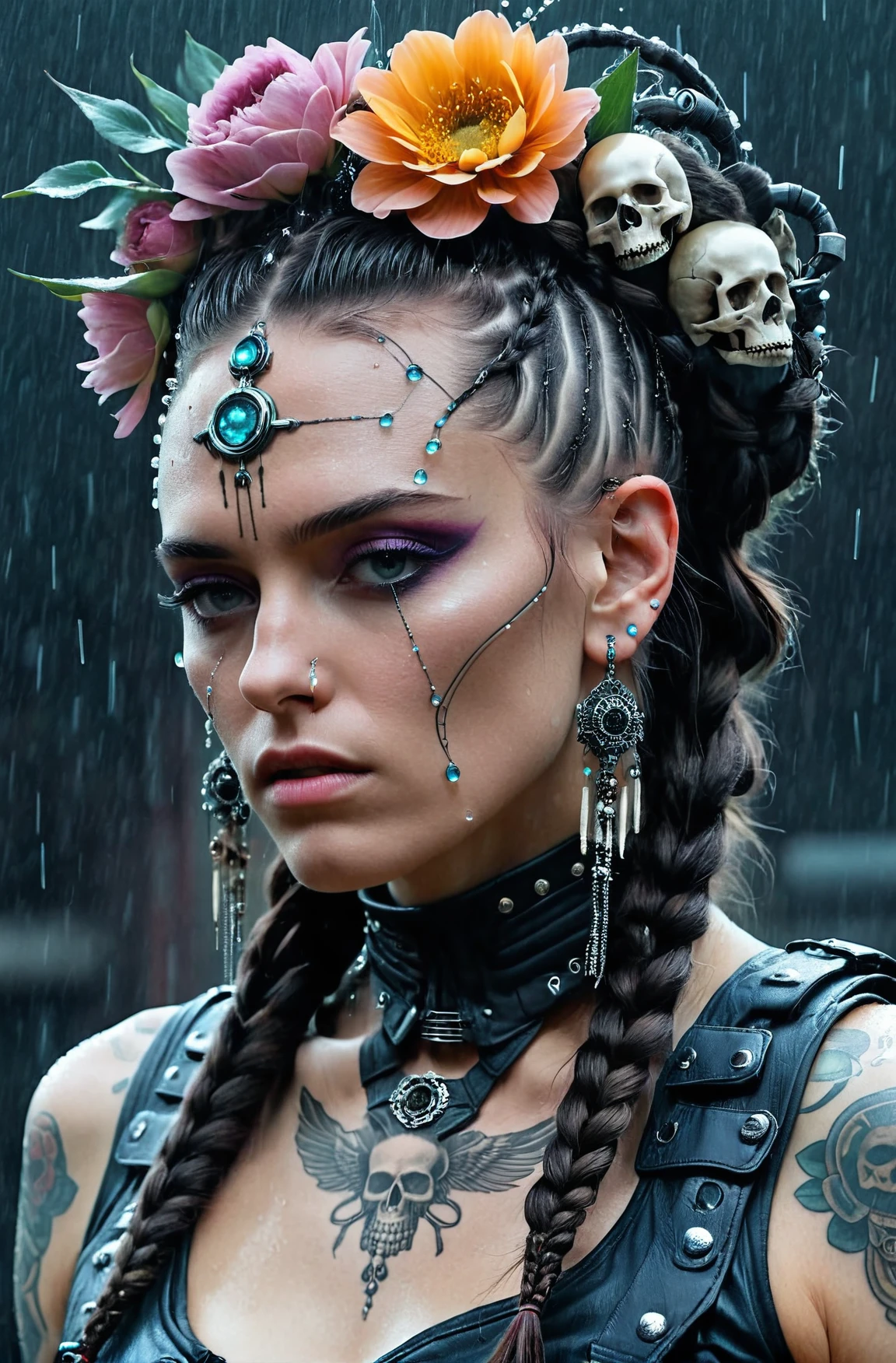 photography, a woman with a flower in her hair, cyberpunk style <lora:sdxl_cyber_aesthetic:0.6> <lora:sdxl_roboticStuff:0.3> --ModernNetflix-1900, tattoos, raining, droplets, skulls, bones, leather, fabric, braids, pearls
