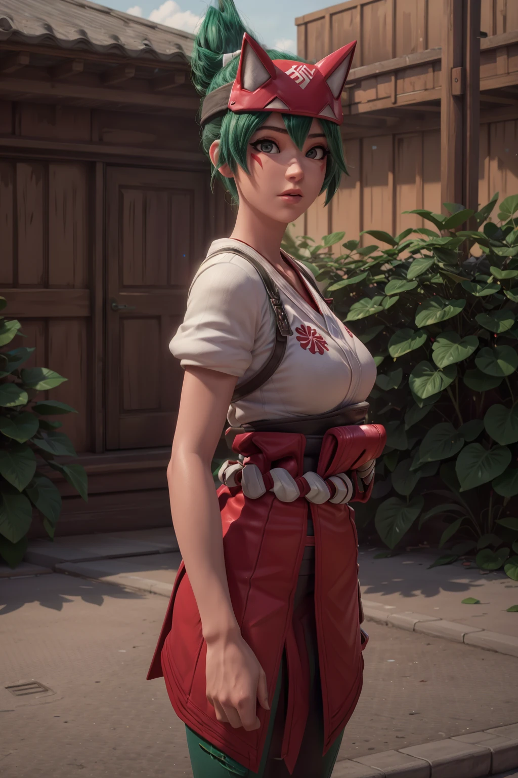 realistic, realism, photorealism, photo-realistic, high contrast, (photorealistic:1.4), 8k high definition detailed realistic, (best quality, masterpiece:1.2), NSFW, photon mapping, radiosity, physically-based rendering, best quality, highly detailed, 1girl, pat pussy, cameltoe, (owkiriko), kiriko \(overwatch\), green hair, ((red leggings:1.3)), sitting, doing pose,
