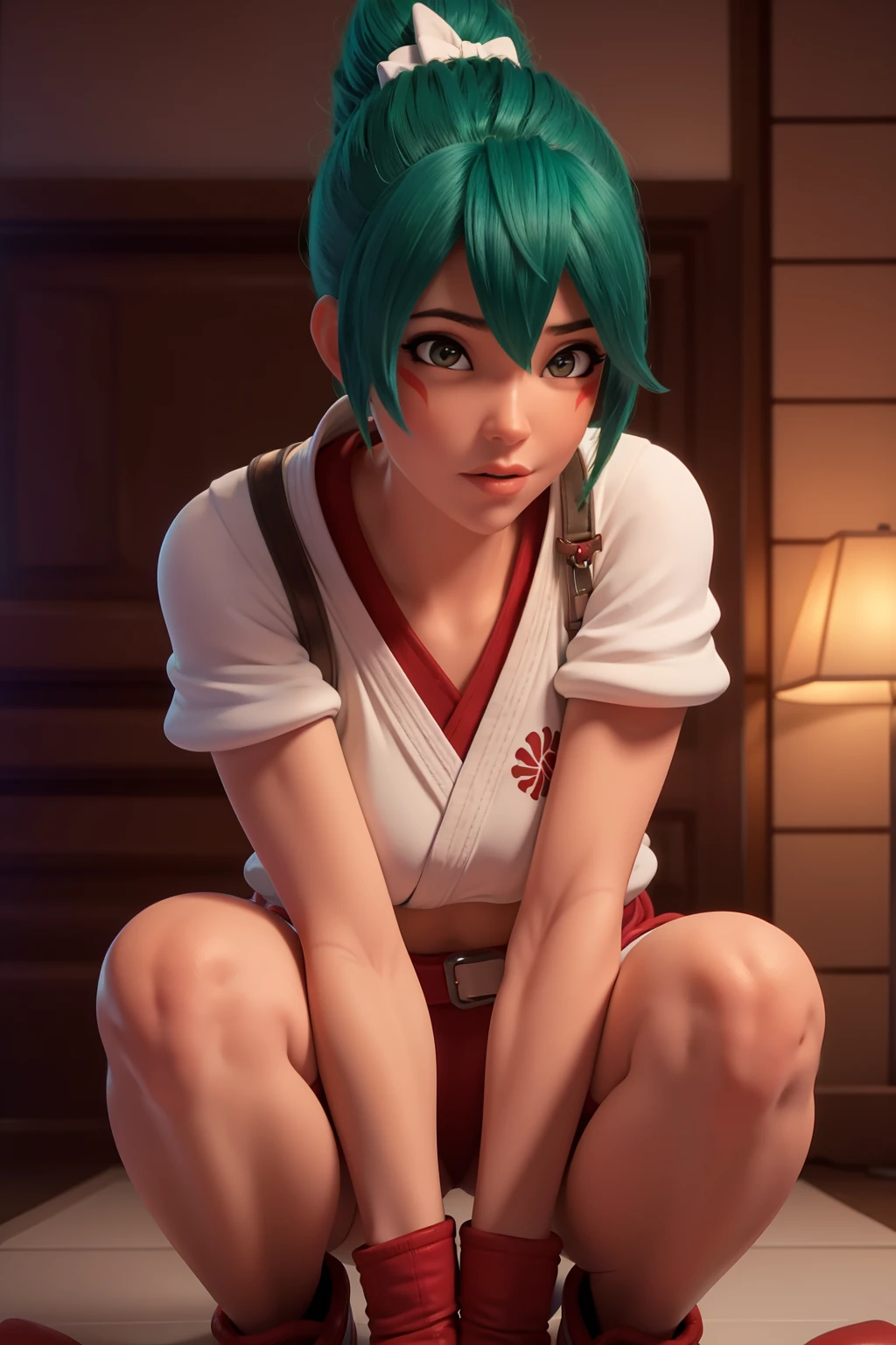 realistic, realism, photorealism, photo-realistic, high contrast, (photorealistic:1.4), 8k high definition detailed realistic, (best quality, masterpiece:1.2), NSFW, photon mapping, radiosity, physically-based rendering, best quality, highly detailed, 1girl, pat pussy, cameltoe, (owkiriko), kiriko \(overwatch\), green hair:0.7, red head wear, red leggings :1.3, red sneakers, squatting, spread legs, crop top, inside,