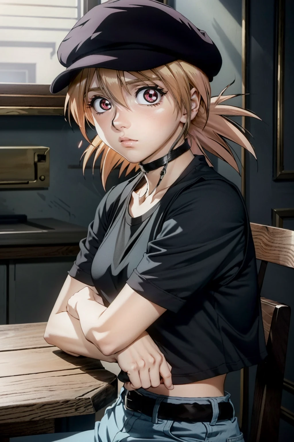 (masterpiece, best quality)
SerasVictoria, 1girl, solo, looking at viewer, short hair, shirt, hat, upper body, ponytail, short sleeves, choker, belt, pants, pink eyes, vest, black shirt, beret, crossed arms, t-shirt
<lora:epi_noiseoffset2:1>, <lora:add_detail:0.5>, <lora:SerasVictoria:0.9>