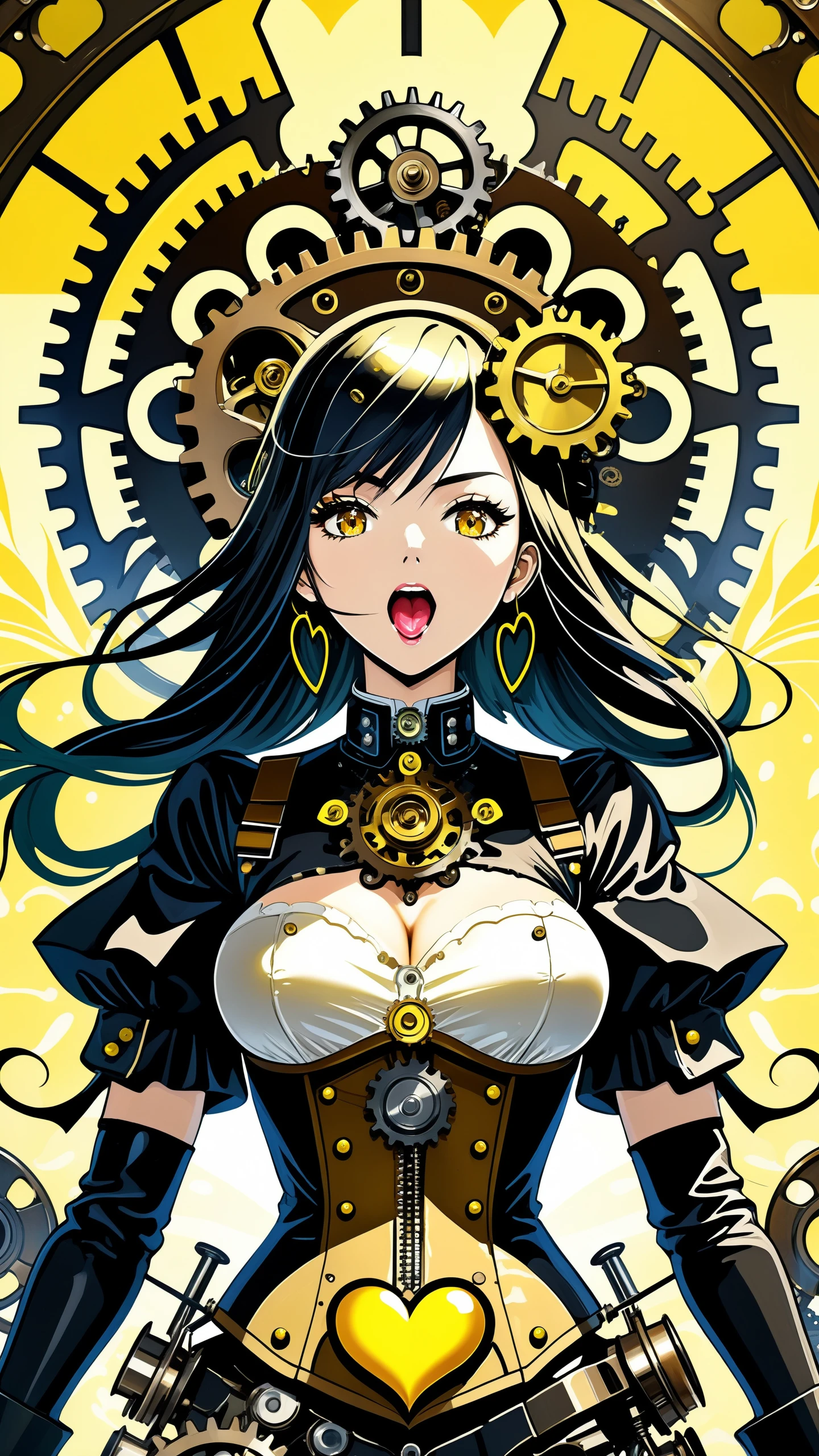 Grand Digital artwork, Anime, Granular Bullhead, summer foliage, Hurricane, Anime screencap, Screaming, Decopunk, spotlit, F/14, Mustard and fluorescent splash, ((masterpiece)), female android with a clockwork heart, exposed heart, (human face), cogs, springs, steampunk, ??????, giger, airbrush, 70s, detailed, intricate, dynamic contrast, HDR , symmetrical