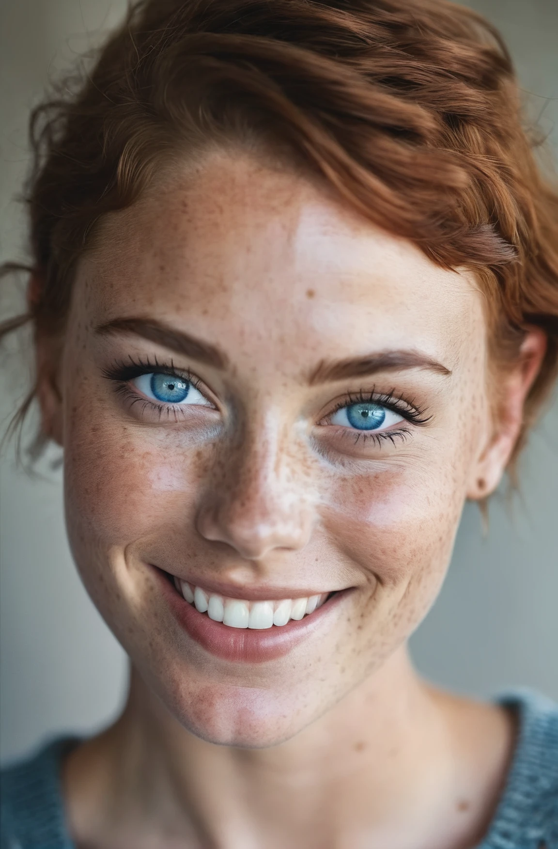 beautiful lady, (freckles), big smile, blue eyes, short hair, dark makeup, hyperdetailed photography, soft light, head and shoulders portrait, cover