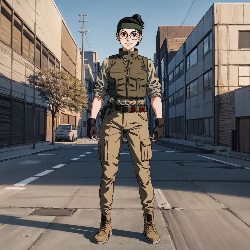 masterpiece,high quality,solo,urban area,
<lora:yogawareika001:0.7>,looking at viewer,smile,
yogawareika,1woman,
hair bun,black hair,black eyes,glasses,
headband,
military uniform,bulletproof vest,jacket,
fingerless gloves,
belt,pants,
boots,
full body,standing,