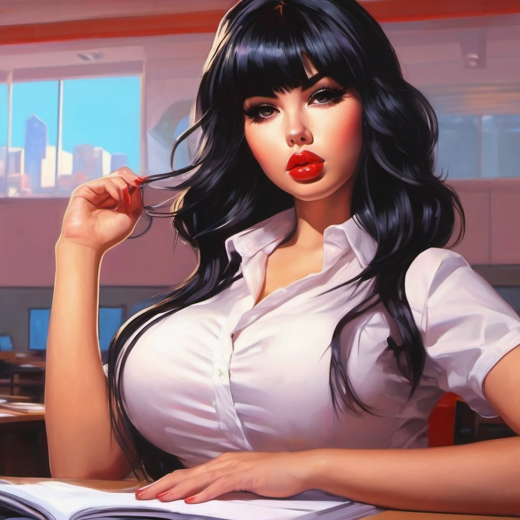 Masterpiece painting  by Ilya Kuvshinov of slutty posing bimbo schoolgirl in class, bmbplora, ultra detailed, cleavage, thick brows, mega tits, enormous chest, black hair, full_lips, boobs, makeup, lips slutty, sexy outfit, ultrares, absurdres, 8K, ultra quality, dramatic lighting, girly, <lora:bmbploraxl6:0.5>