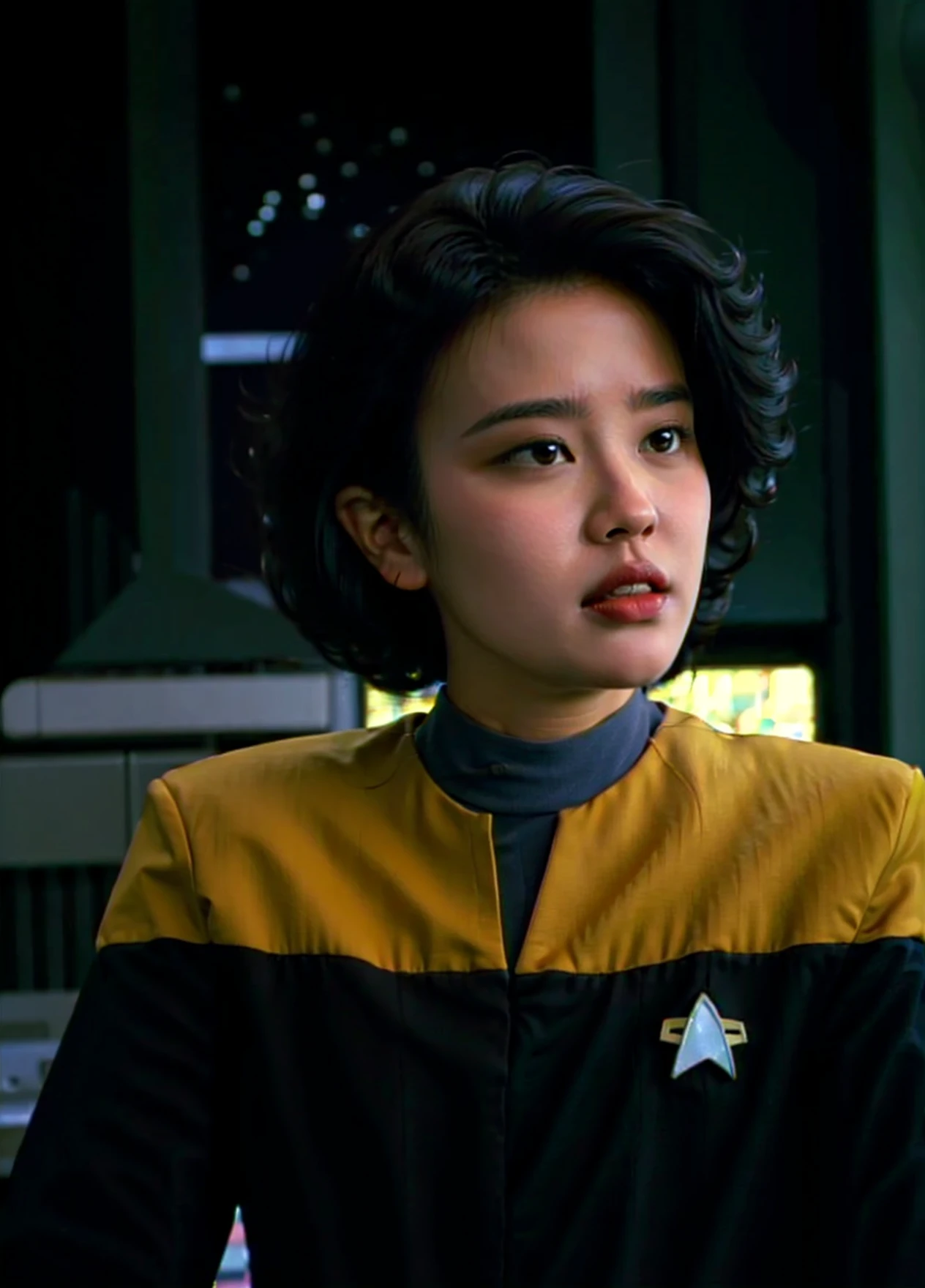 asian woman with curly hair in black and yellow voyunf uniform ,on a starship<lora:Voyunfv1:0.8>