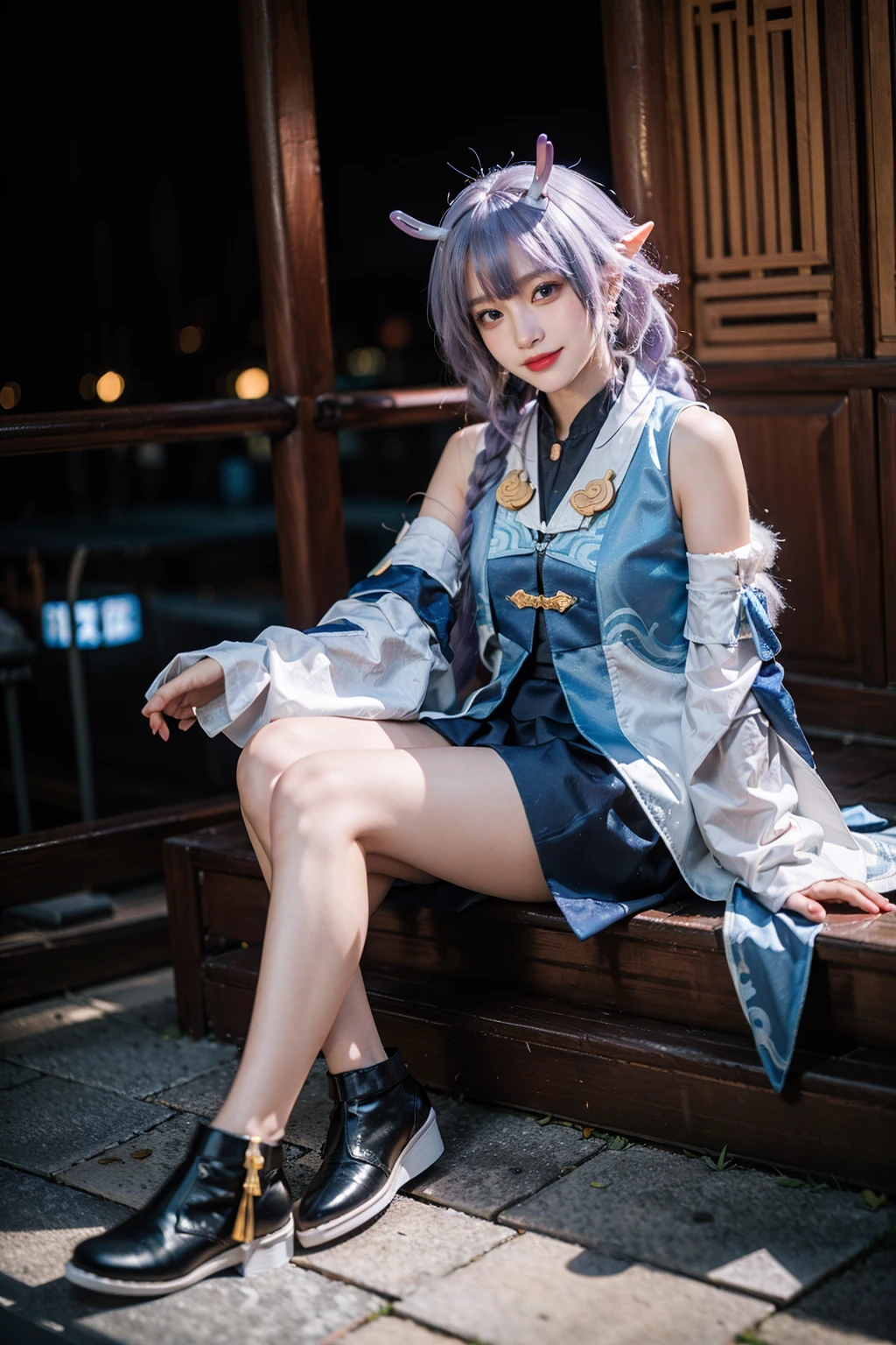 best quality, quality, masterpiece, photorealistic, 1girl, solo, looking at viewer, smile, full body, sitting, bailu cosplay costume, cosplay, detached sleeves, dragon horns, cosplay shoes, chinese garden, night, <lora:bailu_cosplay_costume_v1:0.65>