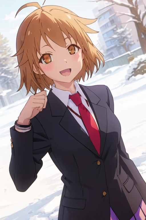 best quality, masterpiece, highres, solo, {kamiigusa_misaki_sakurasounopetnakanojo:1.15}, short_hair, brown_hair, brown_eyes, ahoge, smile, 1boy, blazer, jacket, male_focus, necktie, school_uniform, open_mouth, red_necktie, winter_uniform