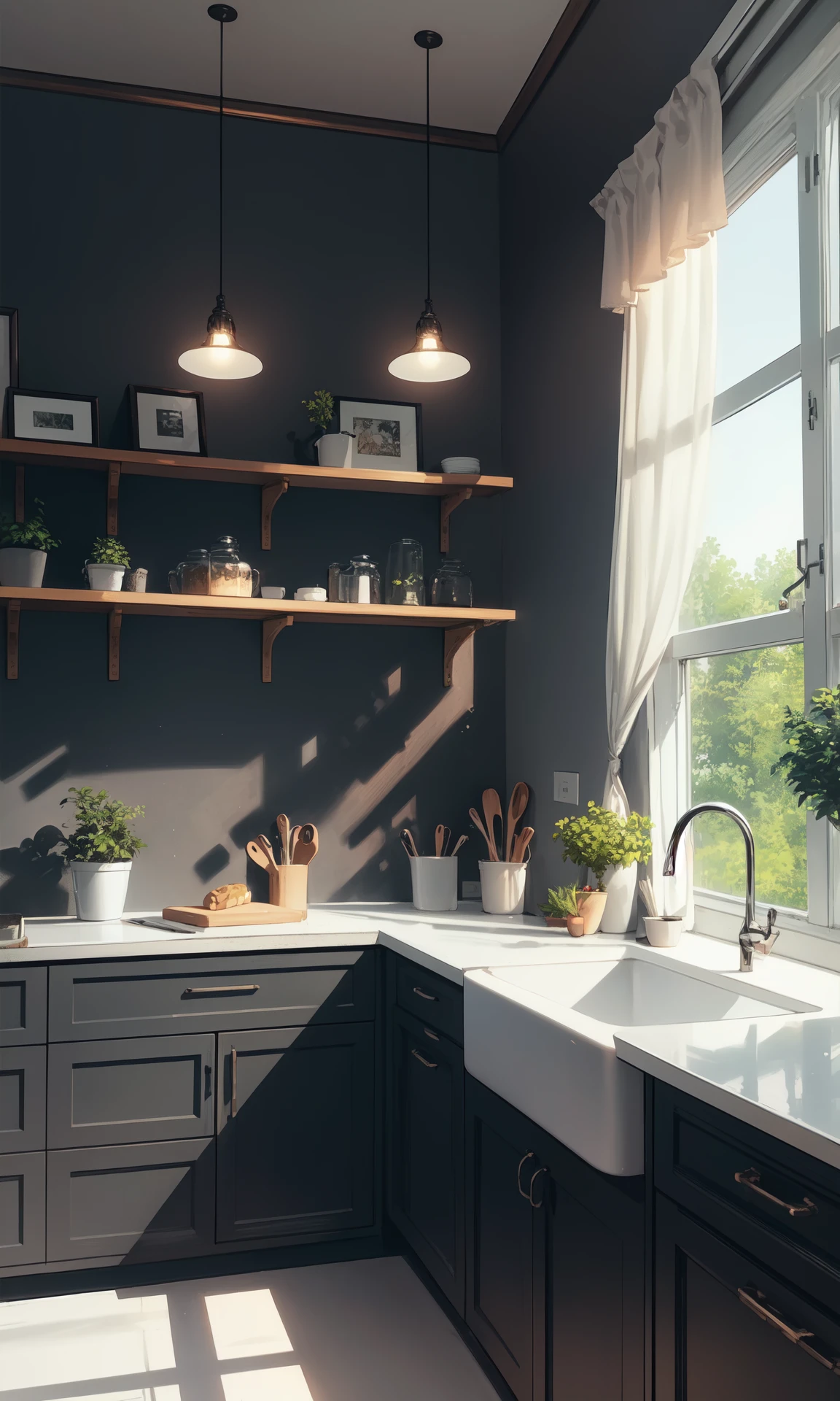 (masterpiece, best quality:1.2),
kitchen, modern, black walls, ornate walls, furniture, potted plant, white curtain,