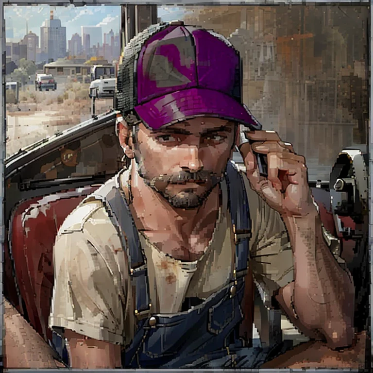 <lora:Dark and Darker Portraits V1:0.85> dark_and_darker_game_portrait_style, vendor, fantasy portrait, small_border, frame, detailed_painting, low_resolution, simple background, male, The Trucker, trucker hat, overalls, dirty wifebeater tanktop, in a truck driver's seat, masterpiece, highest quality, highest quality visuals, highest details