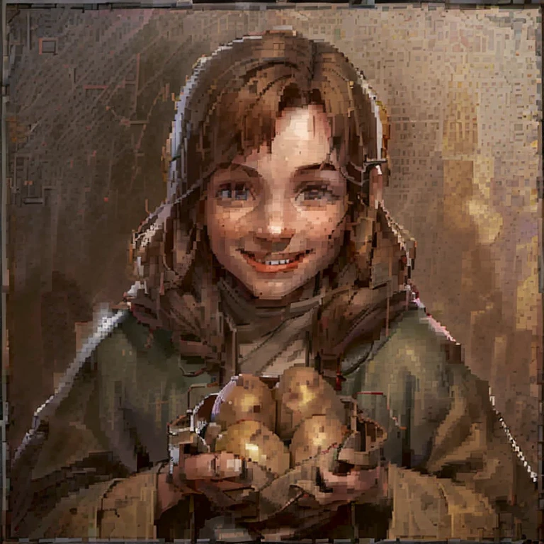 <lora:Dark and Darker Portraits V1:0.80> dark_and_darker_game_portrait_style, vendor, fantasy portrait, small_border, frame, detailed_painting, low_resolution, simple background, famale, potato vendor, brown hair, wearing grey robe, offering potato, smile
