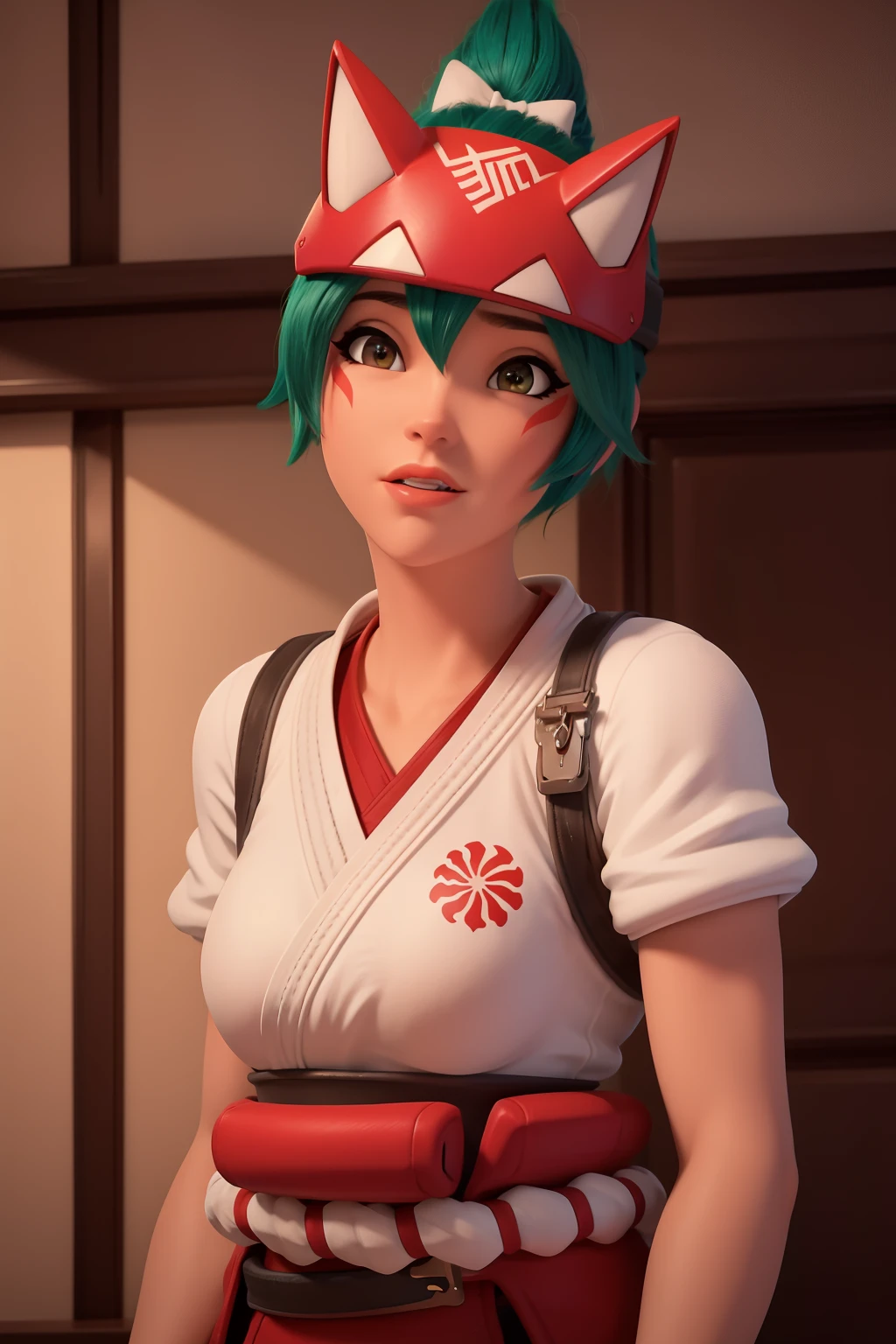 realistic, realism, photorealism, photo-realistic, high contrast, (photorealistic:1.4), 8k high definition detailed realistic, (best quality, masterpiece:1.2), NSFW,  photon mapping, radiosity, physically-based rendering, best quality, highly detailed, 1girl, pat pussy, cameltoe, (owkiriko), kiriko \(overwatch\), green hair:0.7, red fox helmet, red leggings :1.3, red sneakers, squatting, spread legs, crop top, inside,