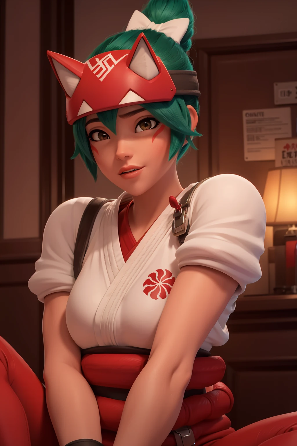 realistic, realism, photorealism, photo-realistic, high contrast, (photorealistic:1.4), 8k high definition detailed realistic, (best quality, masterpiece:1.2), NSFW, photon mapping, radiosity, physically-based rendering, best quality, highly detailed, 1girl, pat pussy, cameltoe, (owkiriko), kiriko \(overwatch\), green hair:0.7, red fox helmet, red leggings :1.3, red sneakers, squatting, spread legs, crop top, inside,