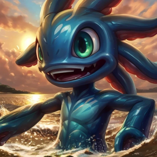 (((masterpiece, best quality))), Digital painting, close-up of fizz_lol, amphibian creature, upper body, smile, open mouth, face, sunset, swimming at beach, (tentacle hair:1), <lora:m99_bellybuttonremover_1:0.5> <lora:Fizzv3:0.7>