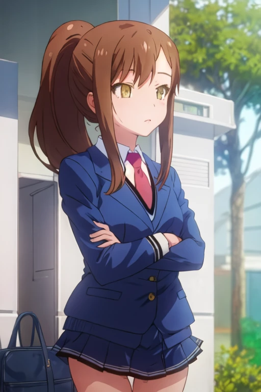 best quality, masterpiece, highres, solo, {aoyama_nanami_sakurasounopetnakanojo:1.15}, brown_hair, long_hair, brown_eyes, ponytail, yellow_eyes, 1girl, blazer, jacket, locker, necktie, school_uniform