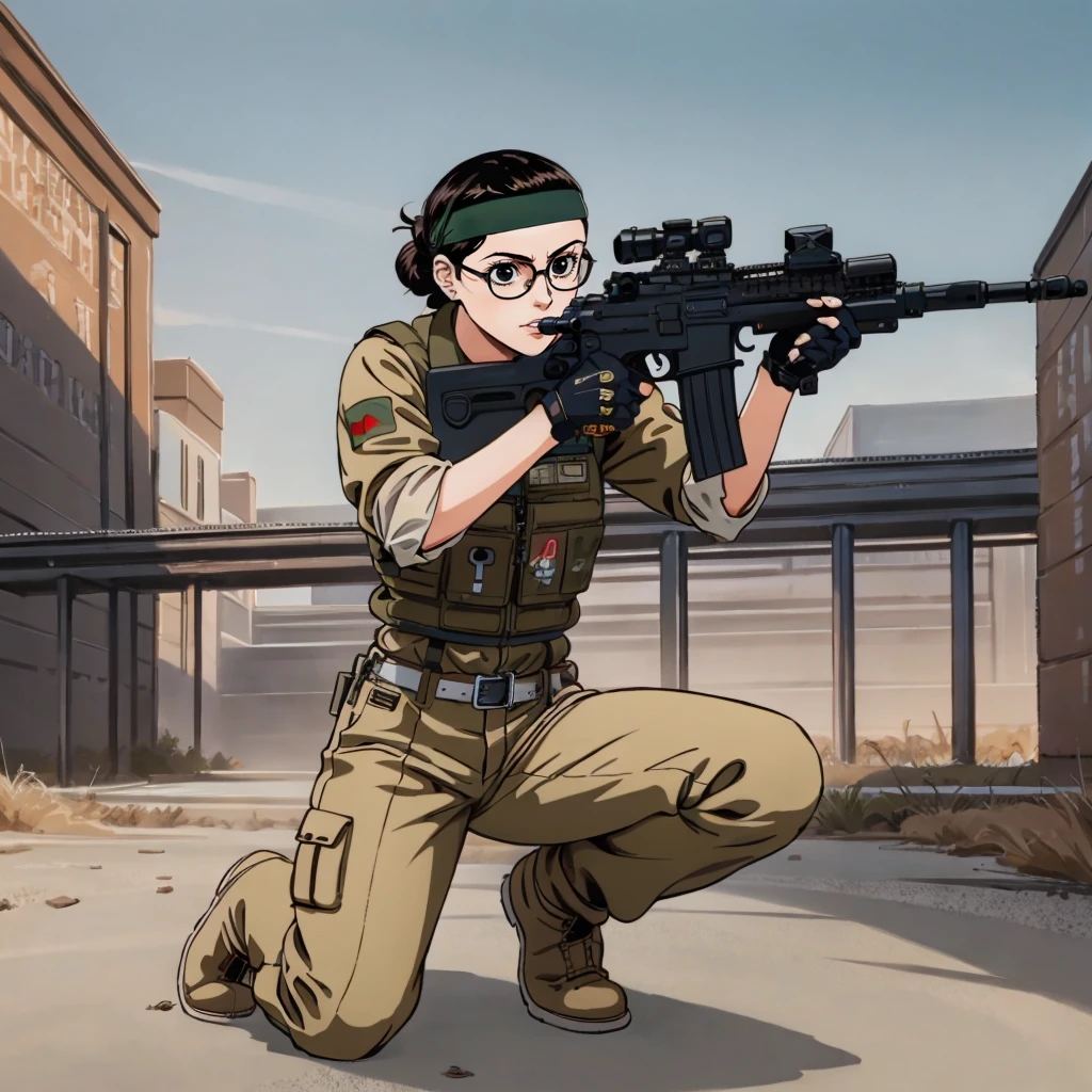 masterpiece,high quality,city,
<lora:yogawareika001:0.7>,
yogawareika,1woman,
hair bun,black hair,black eyes,glasses,
headband,
military uniform,bulletproof vest,jacket,
fingerless gloves,
belt,pants,
boots,
holding rifle,aiming,one knee,