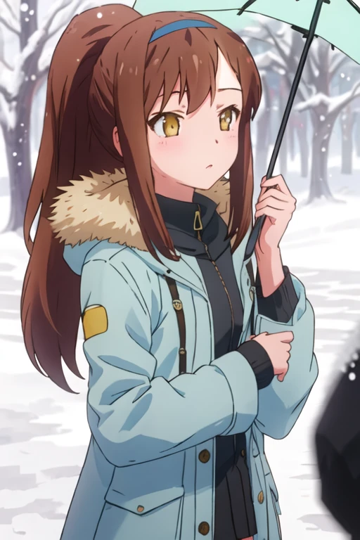 best quality, masterpiece, highres, solo, {aoyama_nanami_sakurasounopetnakanojo:1.15}, brown_hair, long_hair, brown_eyes, ponytail, yellow_eyes, 1girl, hairband, fur_trim, coat, snow, umbrella, blush, snowing