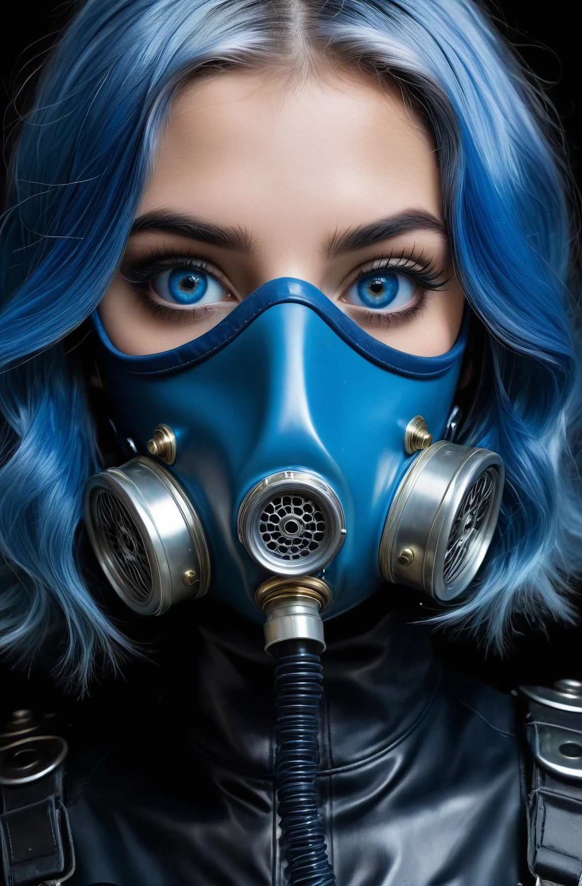 (close up:1.2), a hyperdetailed hyperrealist maximalist photograph of an abstract art surreal girl in a blue dress with a gasmask on in black leather and rubber with glass eyes, the girl has blue hair, maximalist, an image of immaculate quality and with stunning detail in high definition 8K and beyond <lora:XKSTDOv2-000024:0.1>