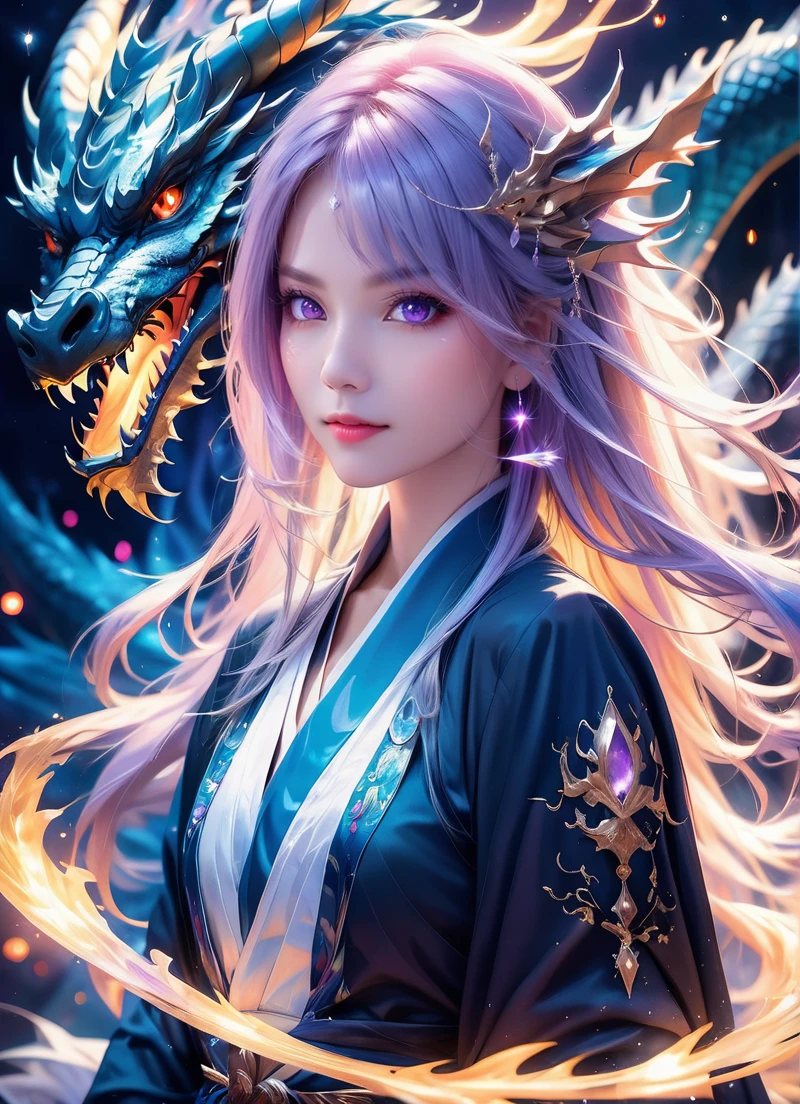masterpiece, best quality
ultra-realistic mix fantasy,(1 giant eastern dragon:1.3) behind an asian woman holding a glowing sword,void energy diamond sword, in the style of dark azure and light azure, mixes realistic and fantastical elements, vibrant manga, uhd image, glassy translucence, vibrant illustrations, ultra realistic, long hair, straight hair, light purple hair,head jewelly, jewelly, shawls,light In eyes, red eyes, portrait, firefly, bokeh, mysterious, fantasy, cloud, abstract, colorful background, night sky, flame, very detailed, high resolution, sharp, sharp image, 4k, 8k, masterpiece, best quality, magic effect, (high contrast:1.4), dream art, diamond, skin detail, face detail, eyes detail, mysterious colorful background, dark blue themes