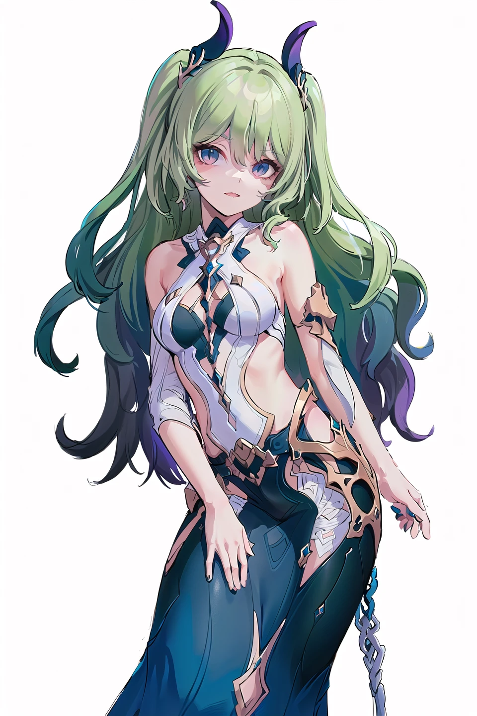 (8k, best quality, masterpiece), ultra-detailed, (high detailed skin),
<lora:mbws-v100:0.8>, (twintails, mbsw, blue long skirt:1.1),(blue dress:1.1), horns,(green hair:1.3), detailed eyes,
(white background, simple background:1.4), (black outline:1.2),