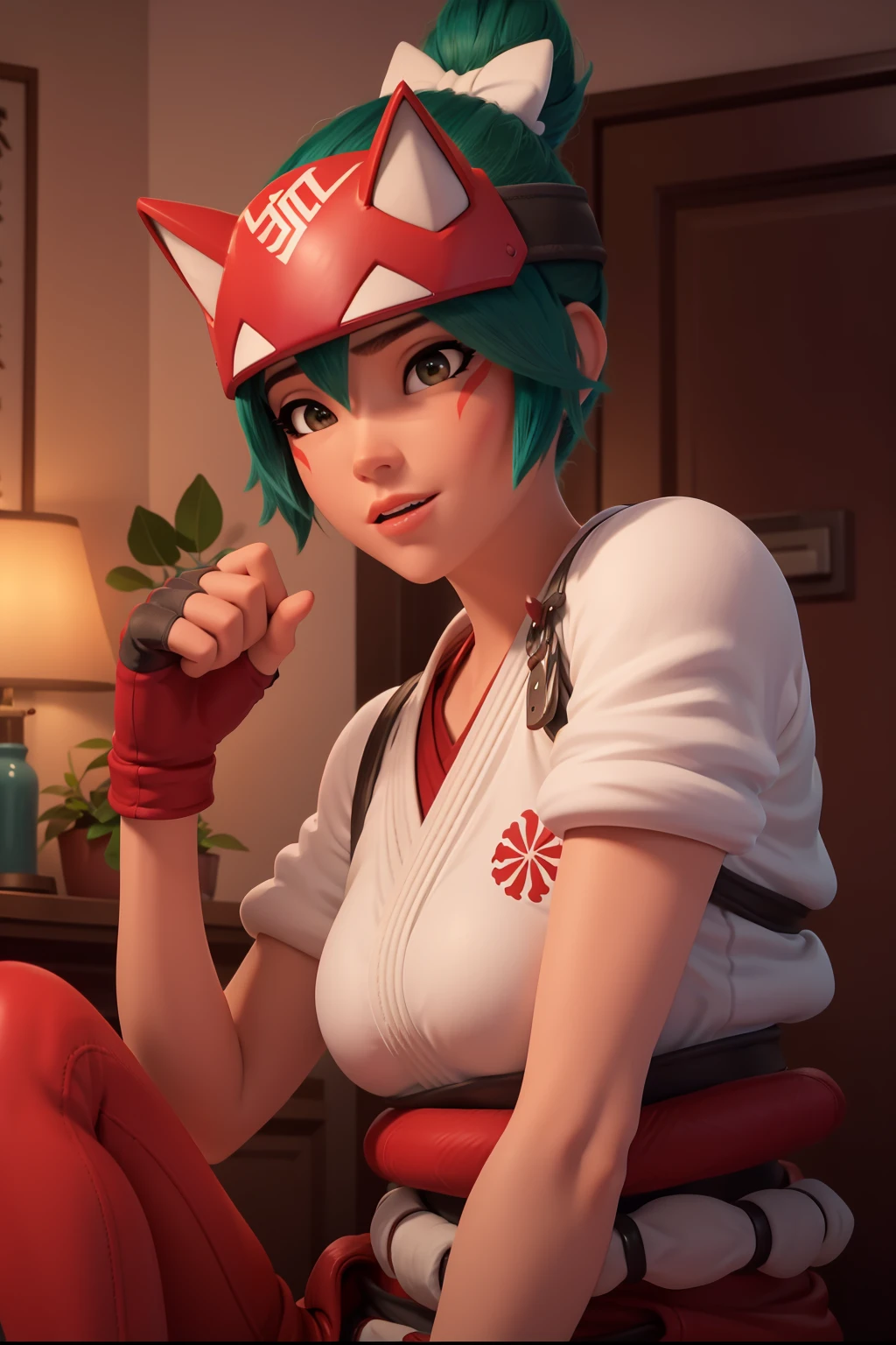 realistic, realism, photorealism, photo-realistic, high contrast, (photorealistic:1.4), 8k high definition detailed realistic, (best quality, masterpiece:1.2), NSFW, photon mapping, radiosity, physically-based rendering, best quality, highly detailed, 1girl, pat pussy, cameltoe, (owkiriko), kiriko \(overwatch\), green hair:0.7, red fox helmet, red leggings :1.3, red sneakers, squatting, spread legs, crop top, inside,