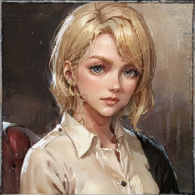 <lora:Dark and Darker Portraits V1:0.85> dark_and_darker_game_portrait_style, vendor, fantasy portrait, small_border, frame, detailed_painting, low_resolution, simple background, female, The News Anchor, Blonde hair, managerial looking, well dressed, camera ready, makeup, well groomed hair, holding paper, masterpiece, highest quality, highest quality visuals, highest details