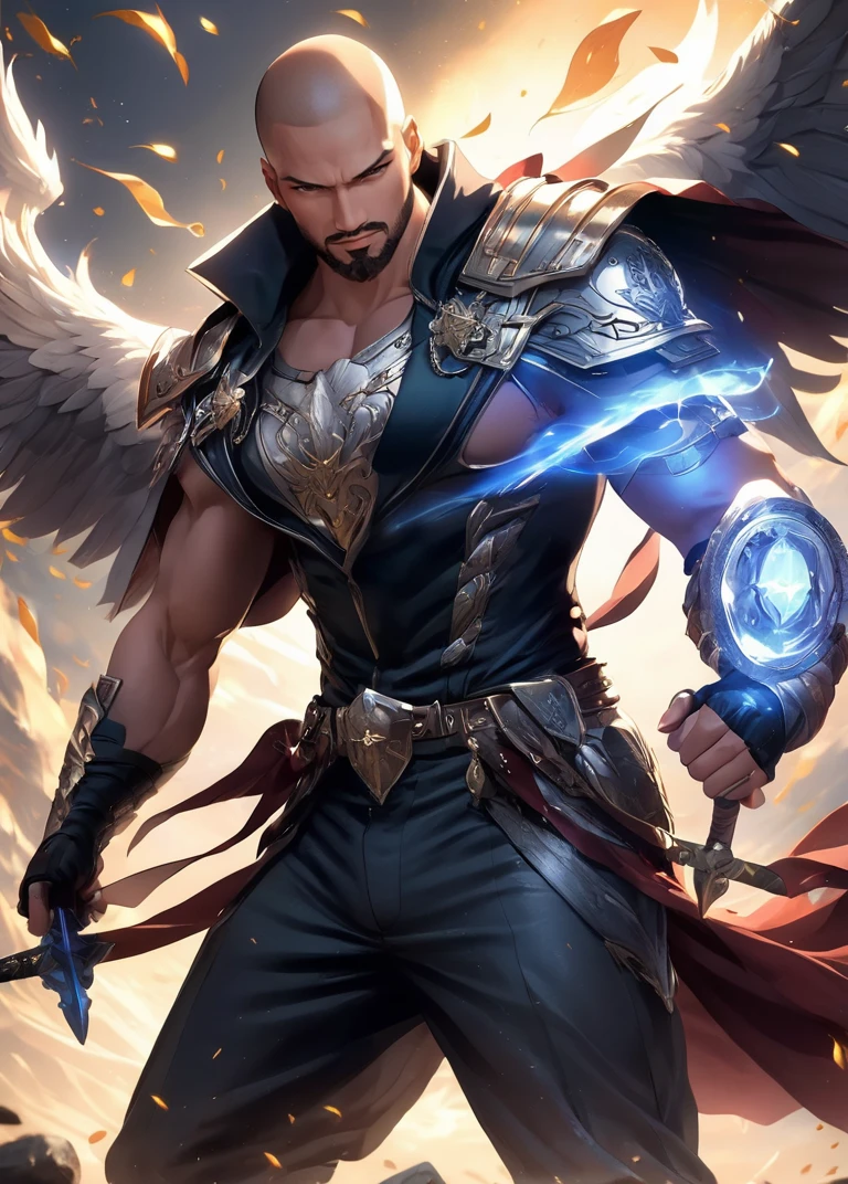 1boy, abs, bald, beard, cape, clenched hand, facial hair, holding, holding sword, holding weapon, jewelry, male focus, manly, muscular, muscular male, pectorals, solo, sword, weapon, wings
