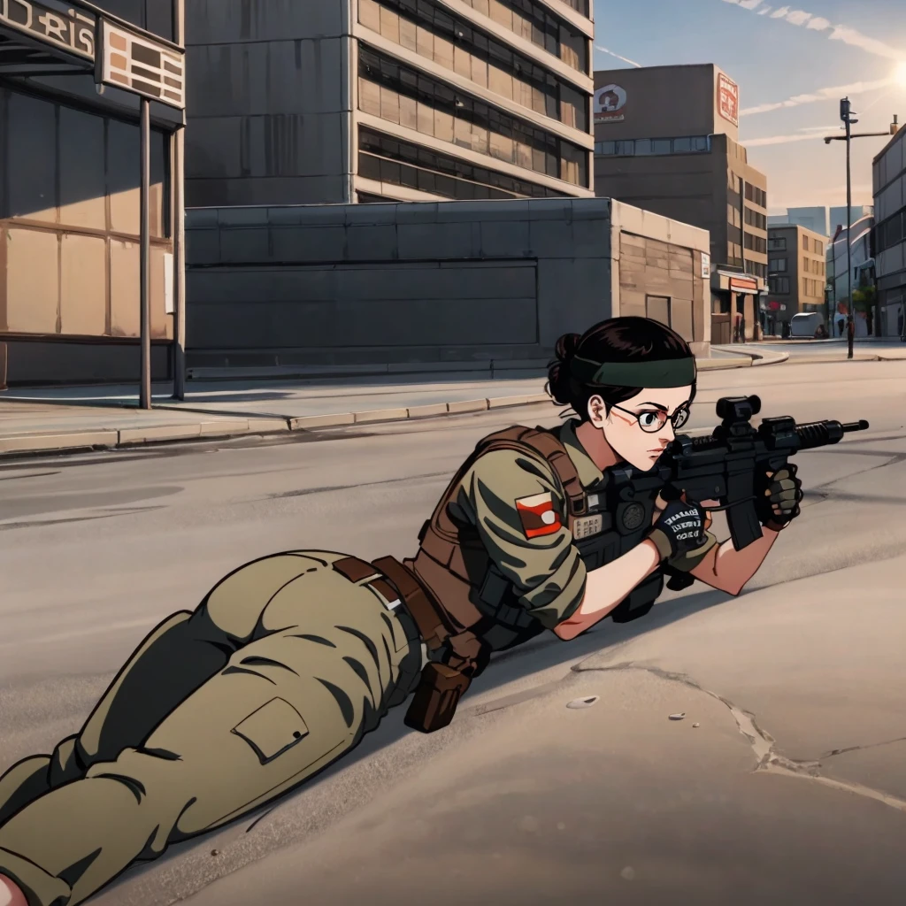 masterpiece,high quality,city,
<lora:yogawareika001:0.7>,
yogawareika,1woman,
hair bun,black hair,black eyes,glasses,
headband,
military uniform,bulletproof vest,jacket,
fingerless gloves,
belt,pants,
holding rifle,aiming,lying,