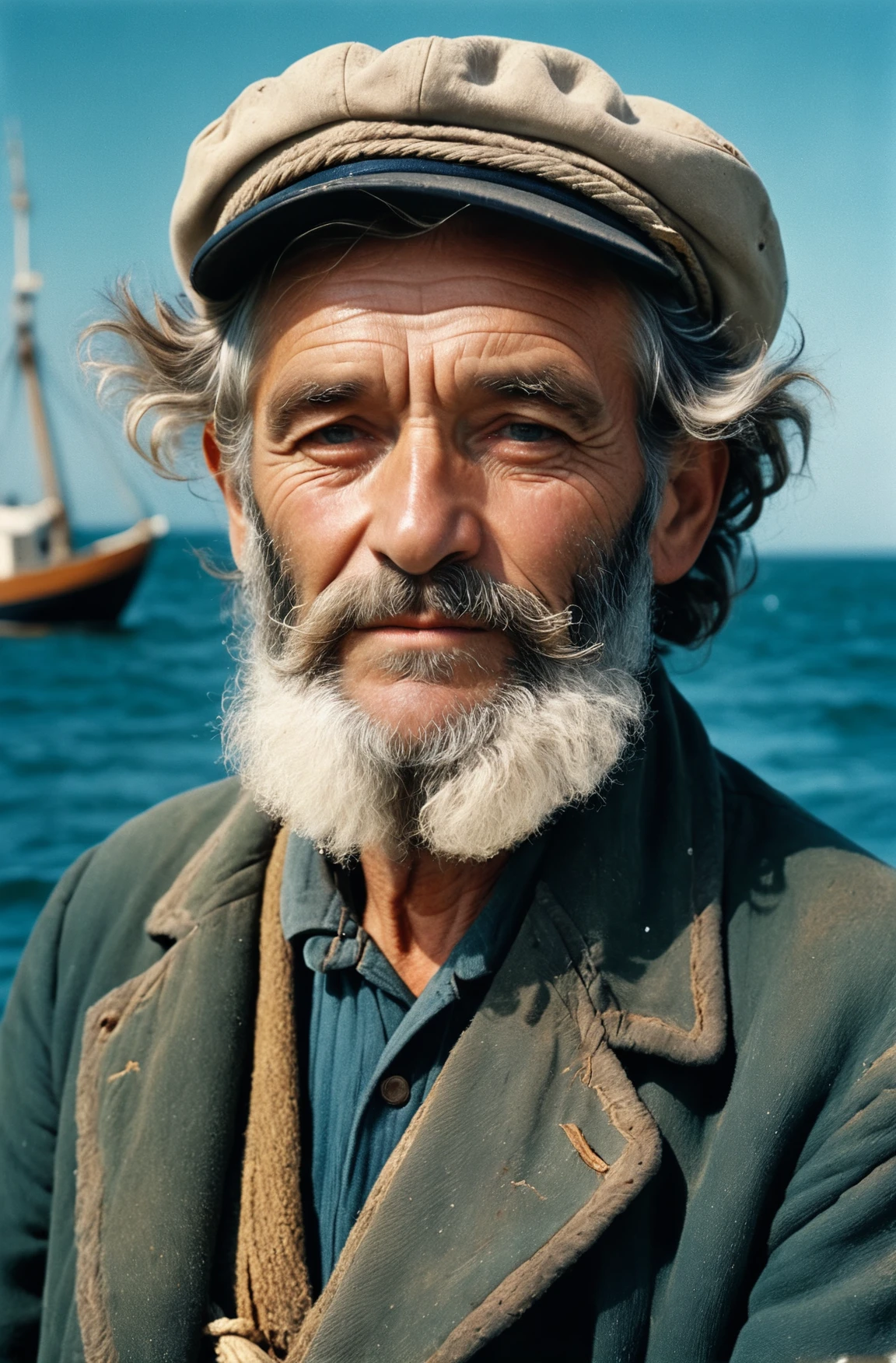 a close up, the 1800s, a hyperdetailed hyperrealist maximalist photograph, damaged photograph, hair, a vintage analog film grain kodak ektachrome photo of a old fisherman sea captain of yesteryear, (analog feel is that of a professional graded LUT of cinematic attributes:1.2), soft (warm:0.8) smile, rugged wrinkles and worn face with stubble and peach fuzz, natural old man, maximalist, an image of immaculate quality and with stunning detail in high definition 8K and beyond, the background is glass shard crisp crystal water and harbour with boat, interesting shadows and contrast, uneven lighting, sky