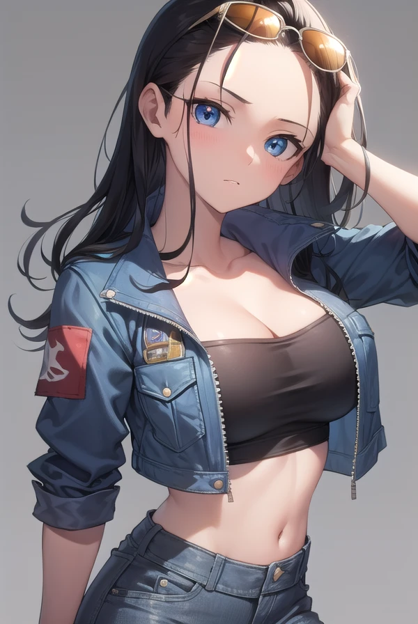 nicorobin, <lora:nicorobin-lora-nochekaiser:1>,
nico robin, black hair, blue eyes, hair slicked back, long hair, wavy hair,
BREAK (forehead:1.5), cleavage, collarbone, collared jacket, crop top, cropped jacket, blue jacket, (eyewear on head:1.5), floral print, high collar, jacket, midriff, navel, short sleeves, sunglasses, sarong,
BREAK looking at viewer, full body,
BREAK outdoors,
BREAK <lyco:GoodHands-beta2:1>, (masterpiece:1.2), best quality, high resolution, unity 8k wallpaper, (illustration:0.8), (beautiful detailed eyes:1.6), extremely detailed face, perfect lighting, extremely detailed CG, (perfect hands, perfect anatomy),