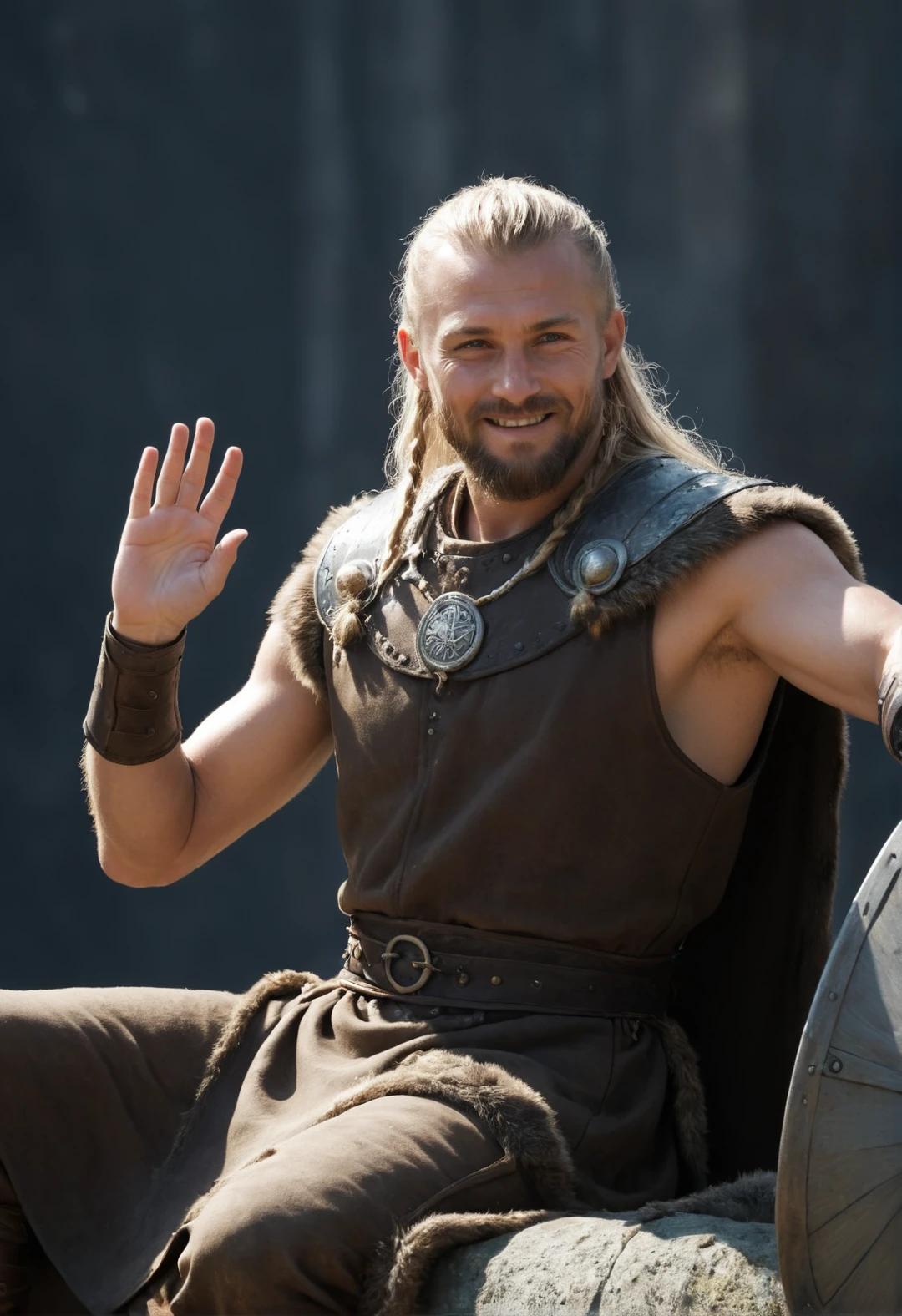 a photograph of highest quality a man is sitting and waving to a friend of screen, open hand, Nordic Viking, photograph, 100mm, zoom, harsh sun and shadows, outside, ancient warrior, happy, haze, atmosphere, humid