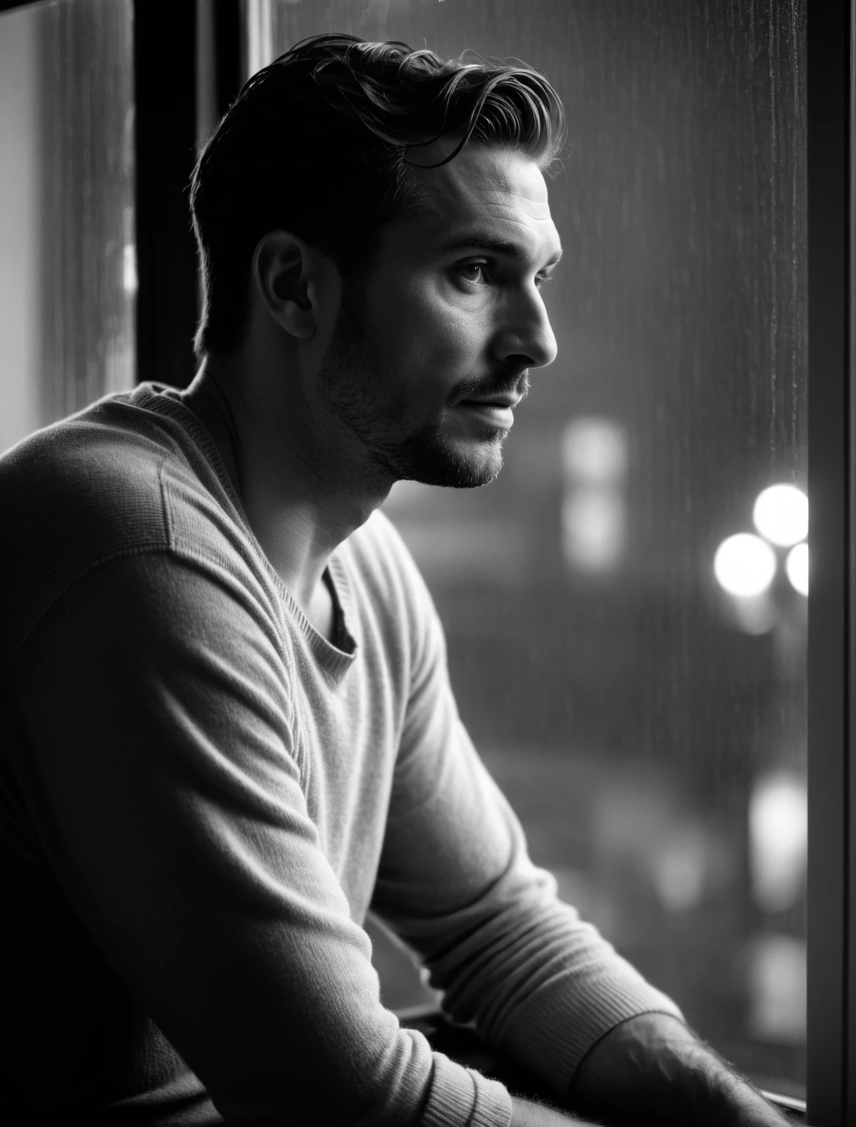 (black and white art photography:1.4), close up professional photograph, shot with a 50 mm lens, vintage, a (beautiful analog photo:1.2) with film grain and high ISO of a man wearing relaxed comfortable clothing, sitting looking out of a window looking over New York at night when it's raining, rain on window