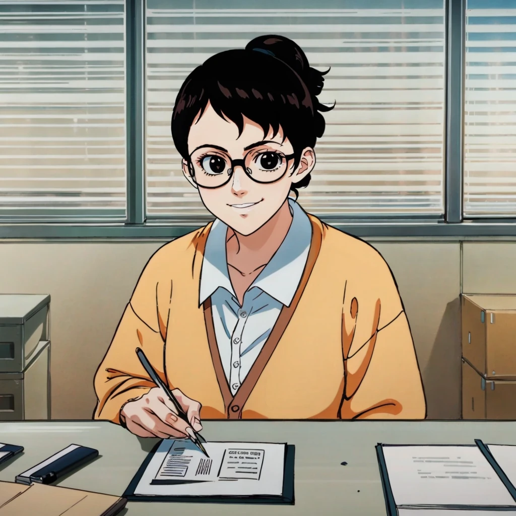 masterpiece,high quality,solo,
<lora:yogawareika001:0.7>,looking at viewer,smile,
yogawareika,1woman,
hair bun,black hair,black eyes,glasses,
shirt,cardigan,
long skirt,
sneakers,
office,desk,chair,documents,have documents,